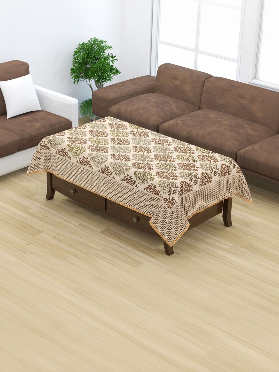 Furnishing Hut Beige Floral 4-Seater Center Table Cloth Cover