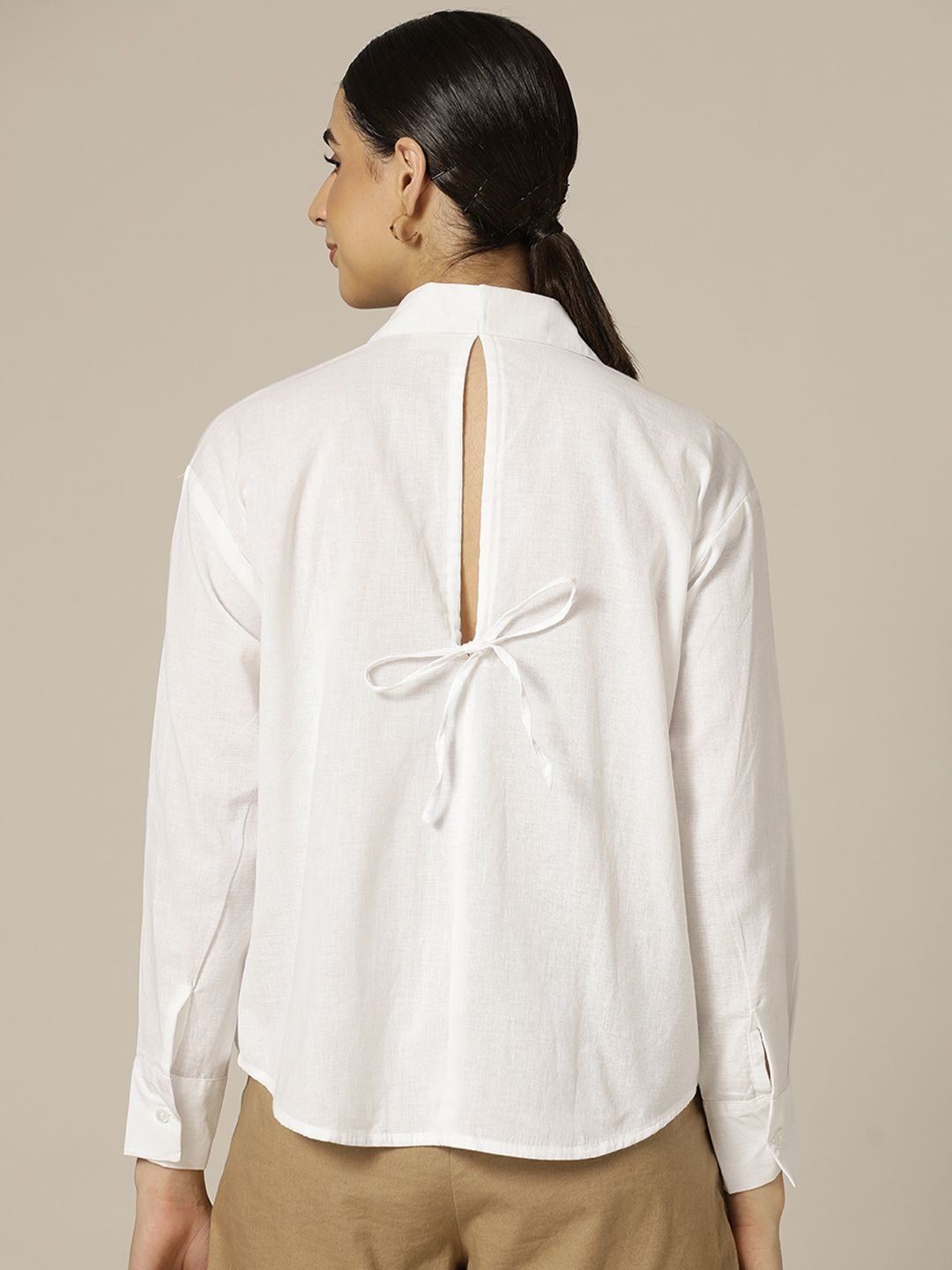 Paper Cut Oversized Spread Collar Back Tie-up Solid Casual Shirt