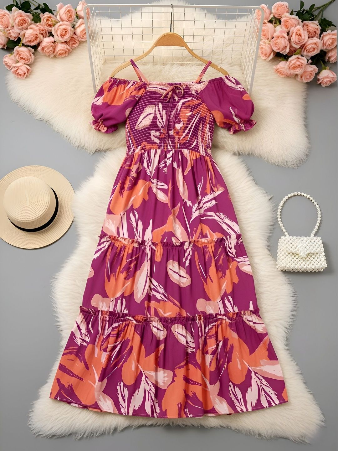 PTVIZE Floral Print Off-Shoulder Puff Sleeve Crepe A-Line Midi Dress