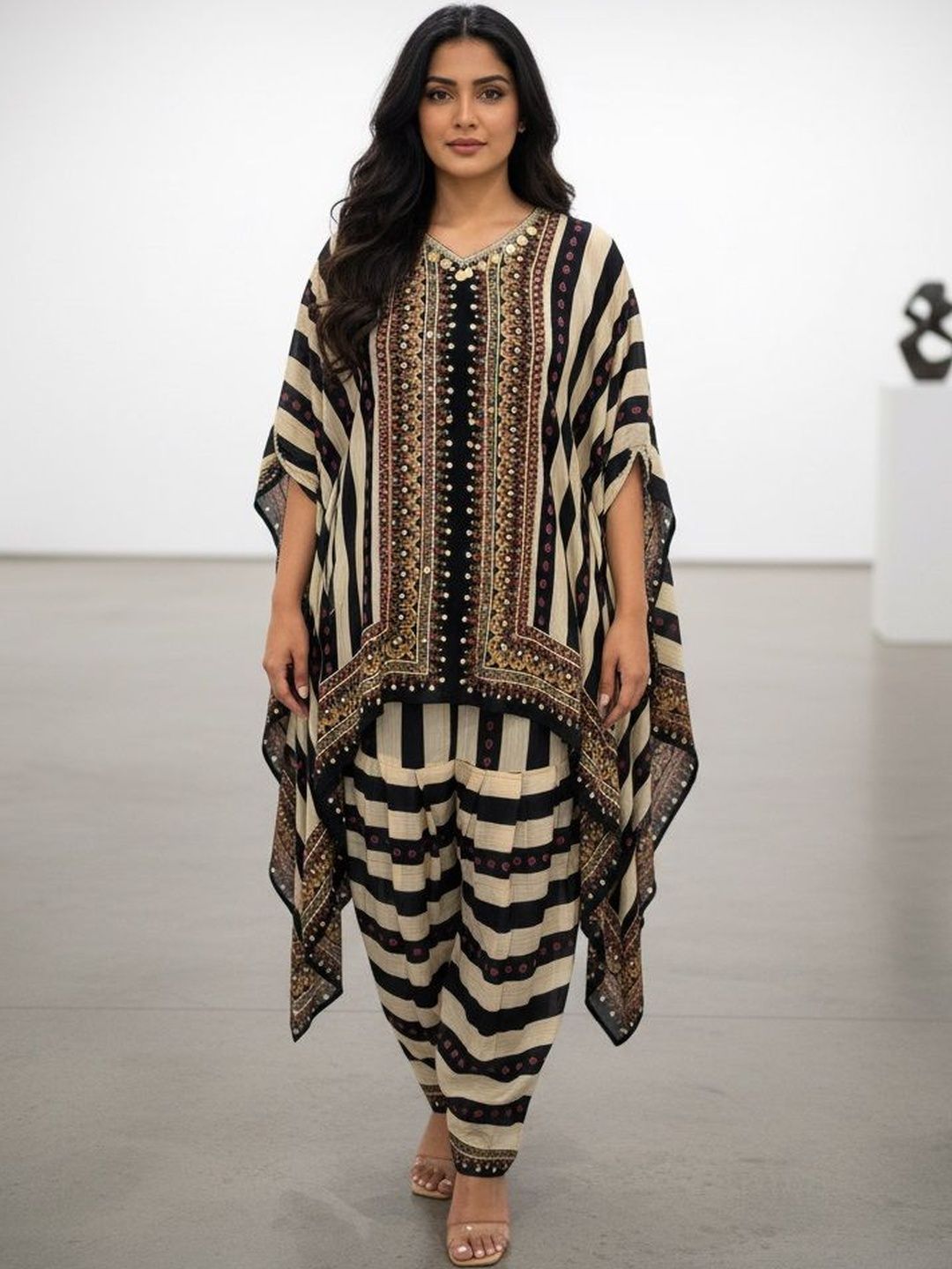 PIRRA DESIGNS Striped Batwing Sleeve Crepe Kaftan Dress