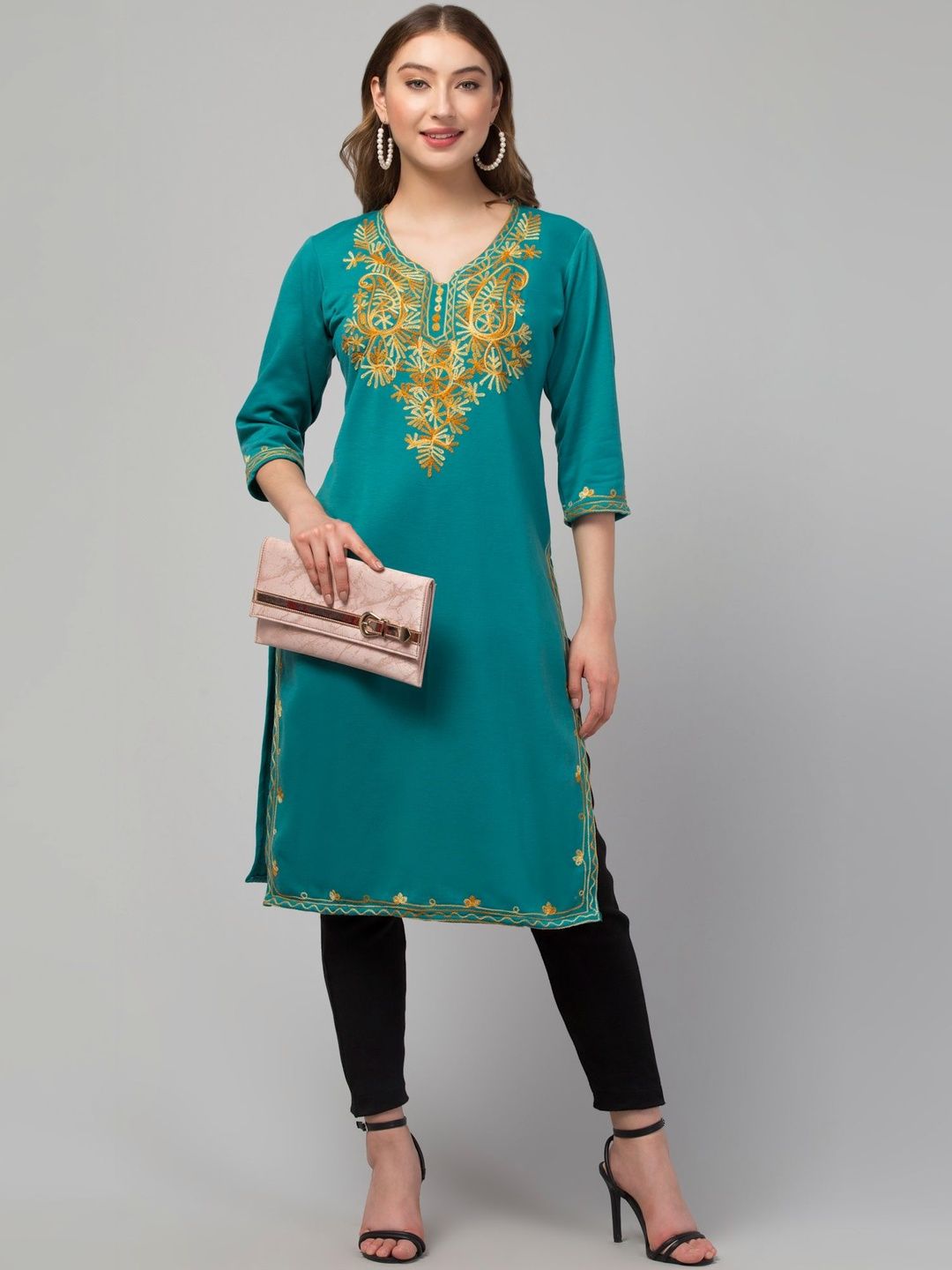 CROWN KING GARMENTS Ethnic Motifs Embroidered V-Neck Thread Work Thread Work Kurti