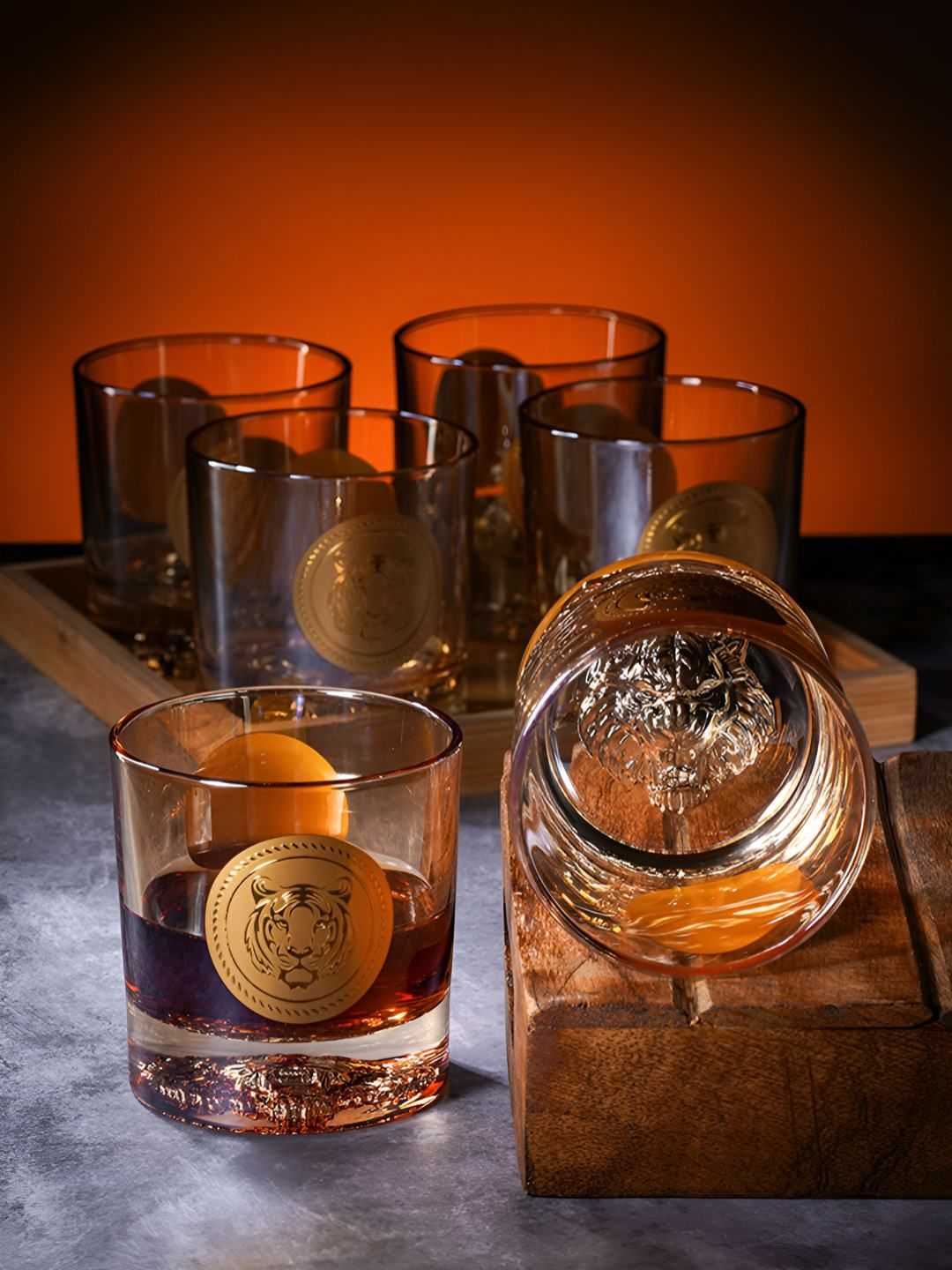 RUHANI HOMES Gold-Toned 6 Pieces Lion Textured Glass Whisky Glasses 350ml