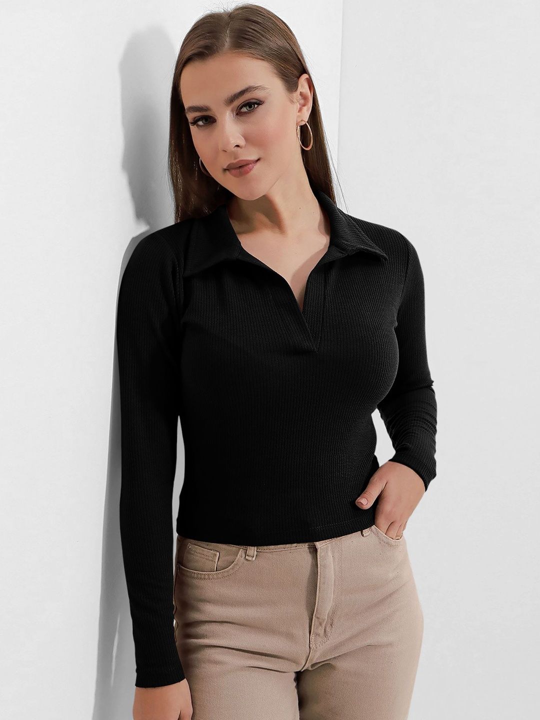 Maheshvi Black Ribbed Shirt Collar Regular Top