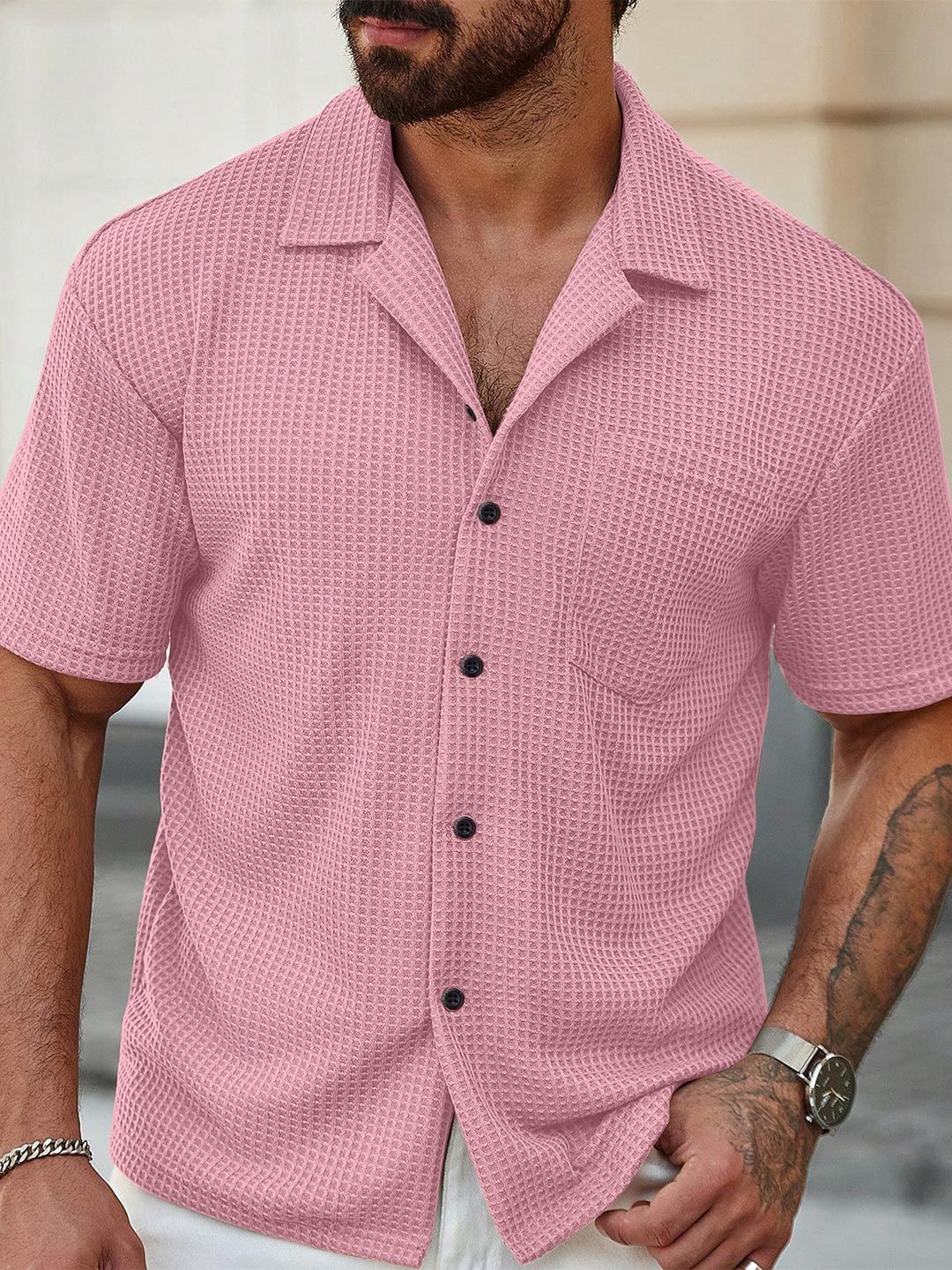 KAJARU Men Classic Relaxed Fit Textured Cuban Collar Casual Shirt