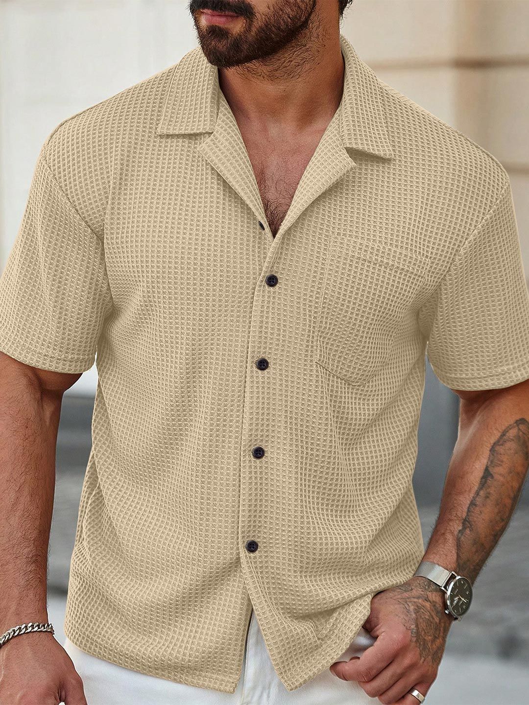 KAJARU Men Classic Relaxed Fit Textured Cuban Collar Casual Shirt