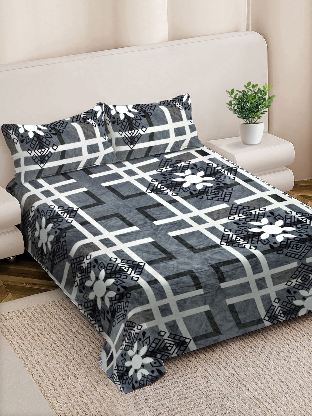 Myntra Elegant Homes Grey Floral 300 TC King Bedsheet with 2 Pillow Covers