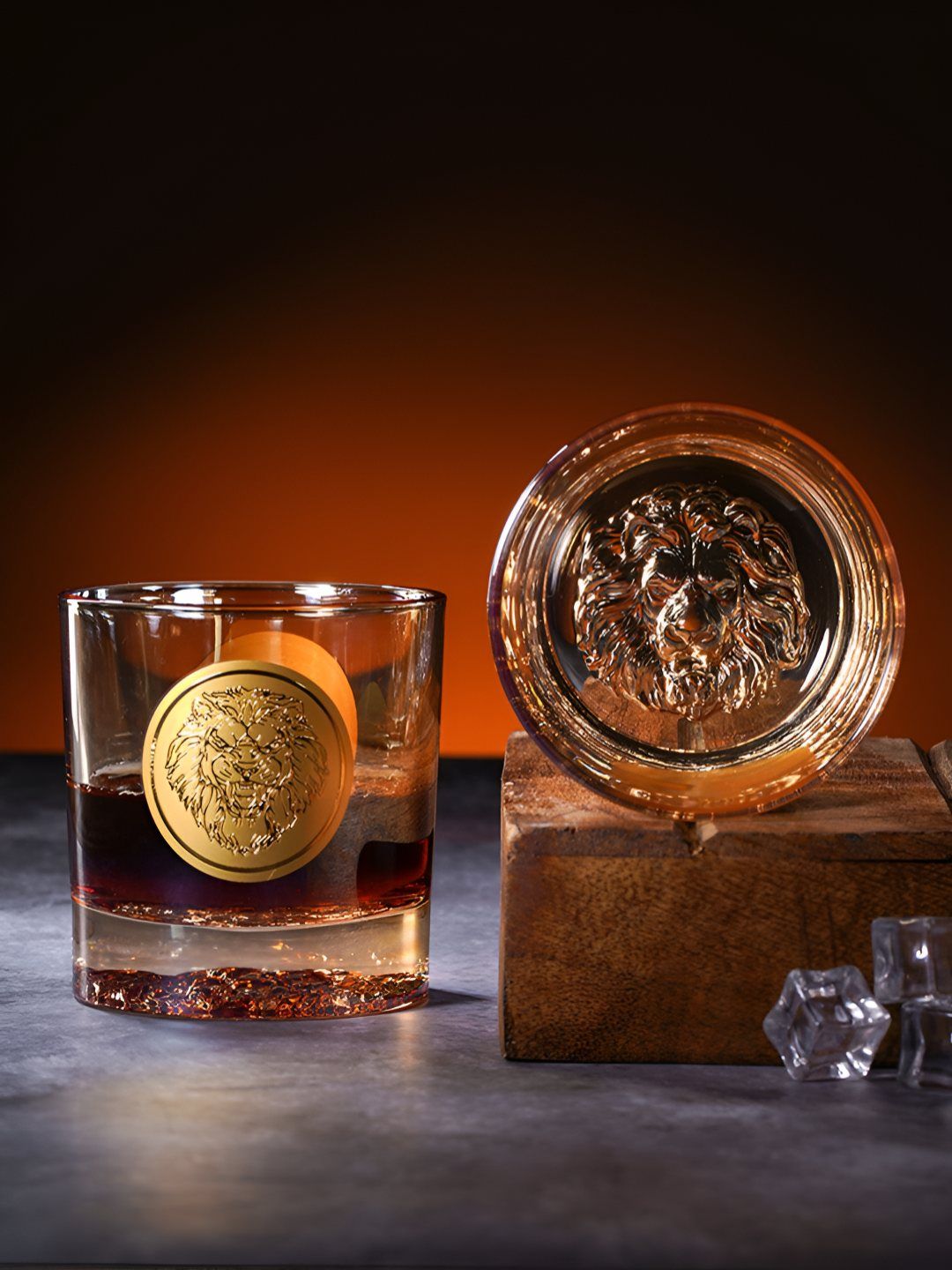 RUHANI HOMES Gold-Toned 2 Pieces Lion Textured Glass Whisky Glasses 350ml