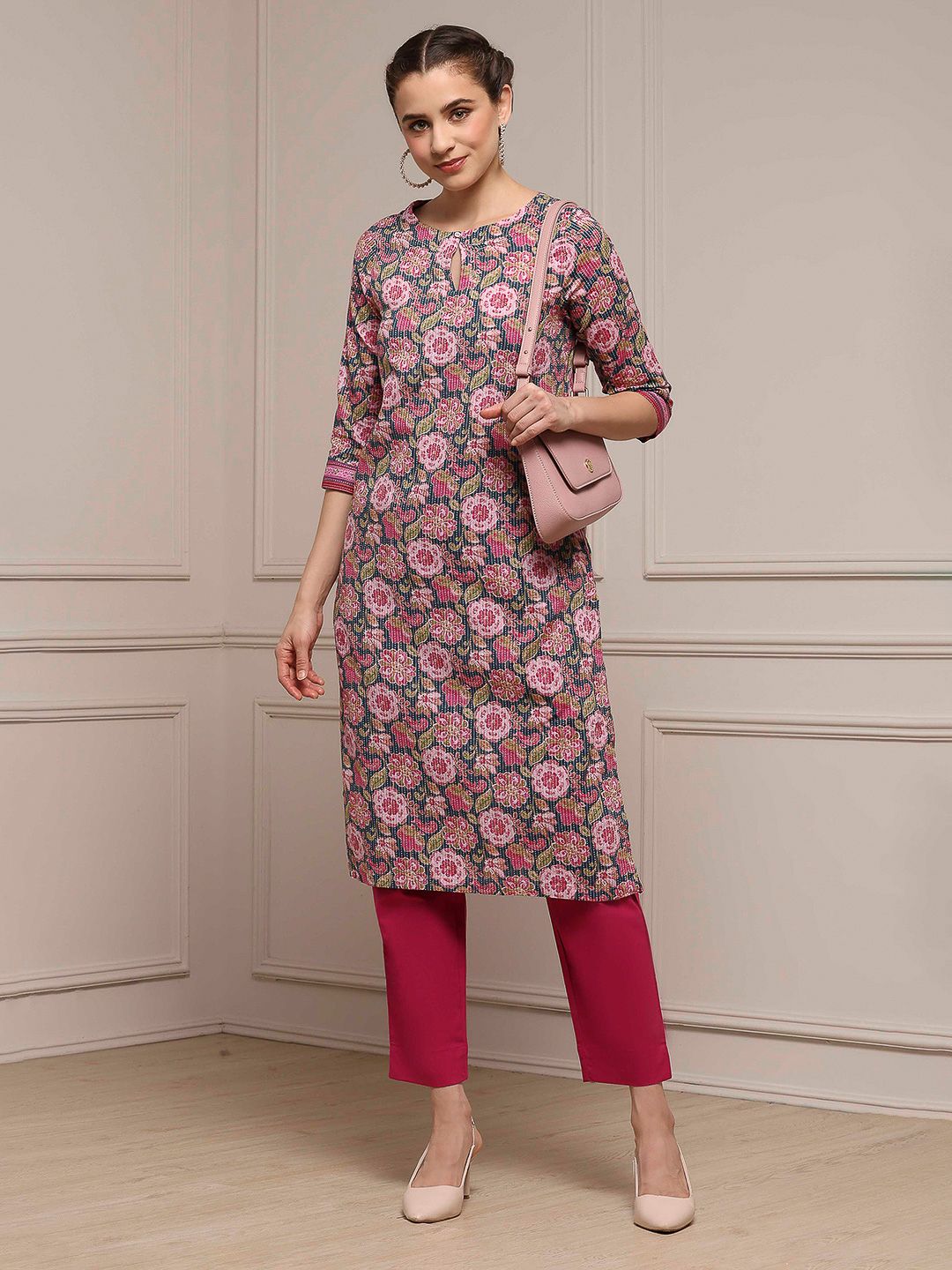 Biba Floral Printed Keyhole Neck Thread Work Cotton Straight Kurta