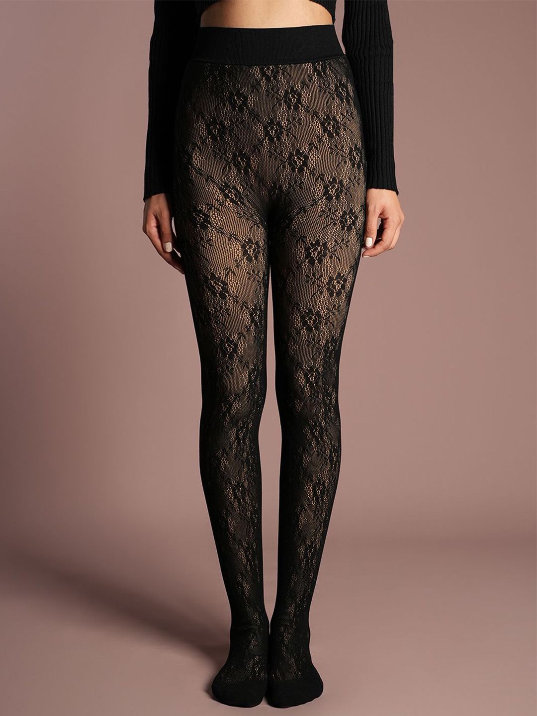 Buy Theater Women Black Patterned Semi Sheer Stretchable Stockings -  - Apparel for Women
