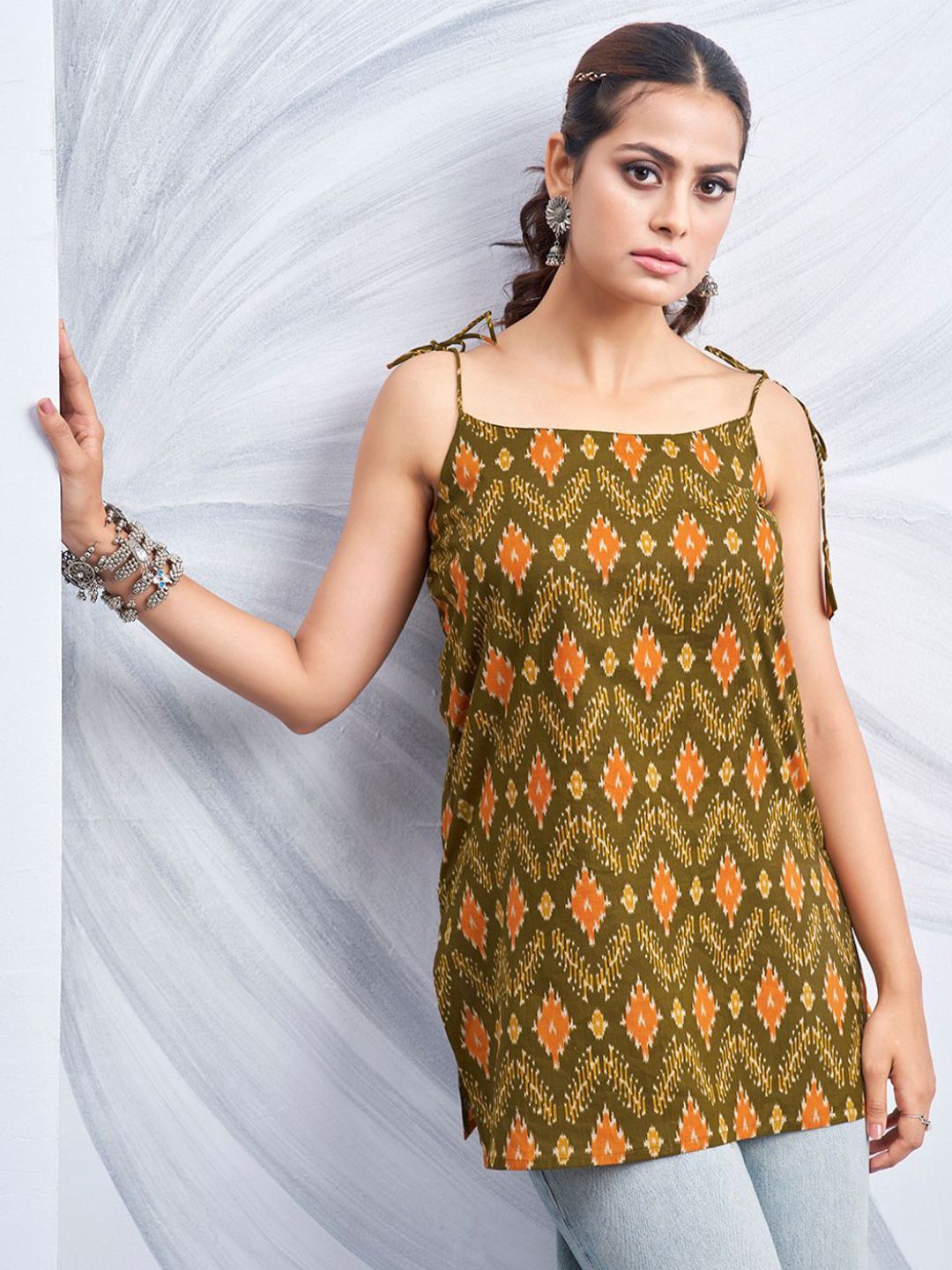 Kaftanize Olive & Orange Color Printed Short Cotton Kurti With Tie-Knot Shoulder