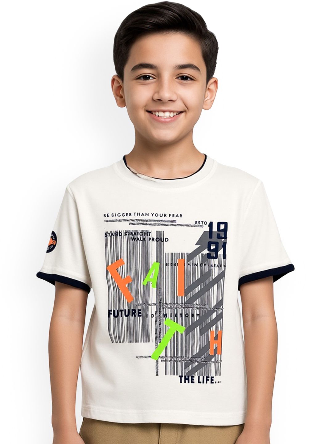 CAVIO Boys Off White Typography Printed T-shirt