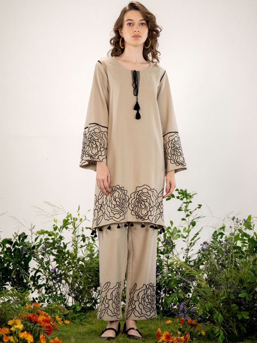 Kaftanize Royal Beige Floral Border Embroidered Co-Ord Set In Cotton Flex