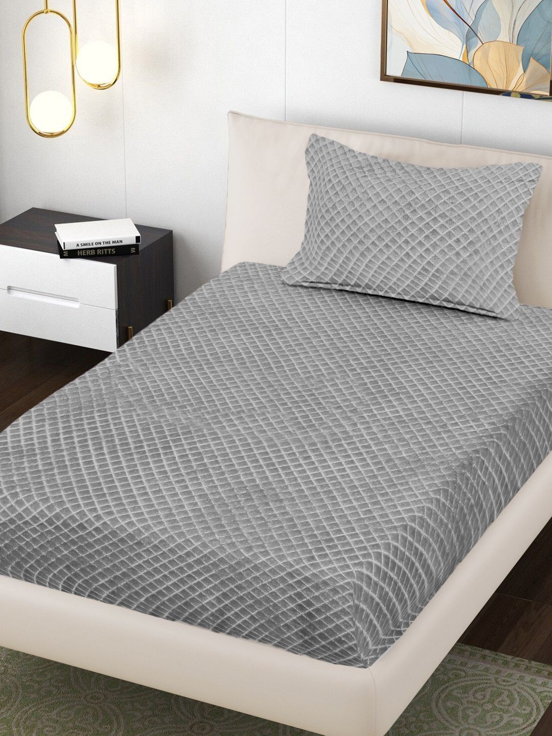 Myntra Elegant Homes Grey Checked 300 TC Woollen Single Bedsheet Set 2.25m x 1.50m