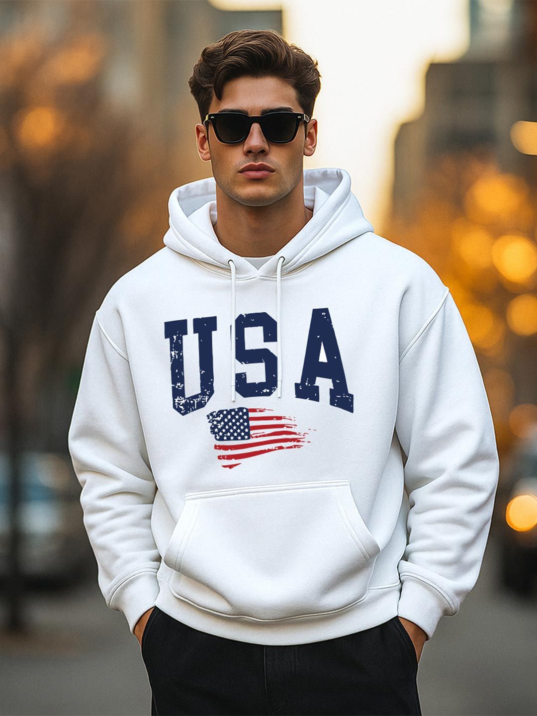 VEIRDO Men White Printed Cotton Fleece Oversized Hooded Pullover Sweatshirt
