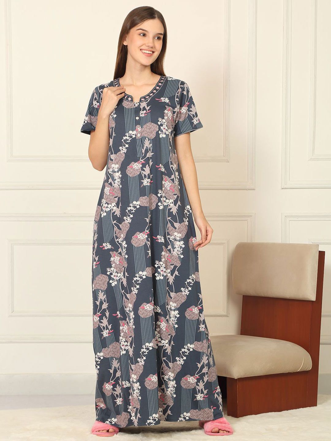 Sweet Dreams Women Printed Pure Cotton Maxi Regular Nightdress