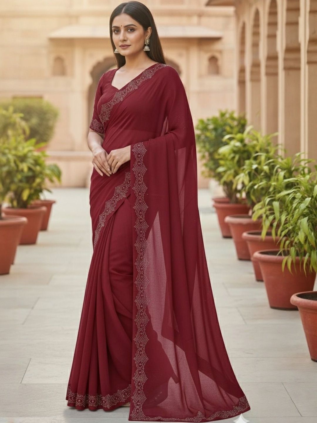 Moda Rapido Women Embellished Beads and Stones Poly Georgette Saree