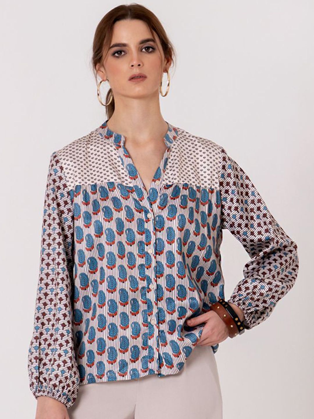 KALAMIR Women Comfort Fit Ethnic Motifs Printed Satin Casual Shirt