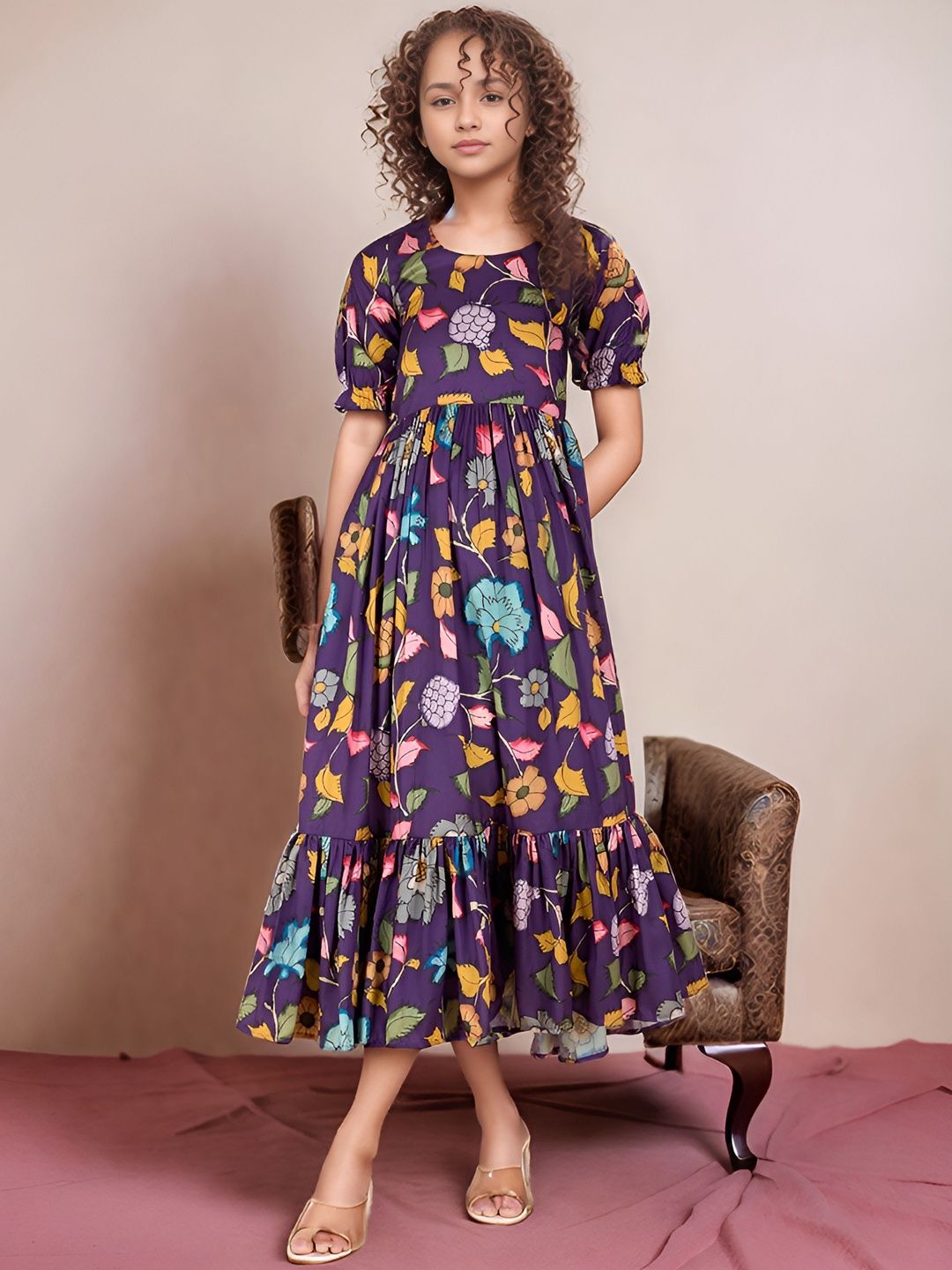 KALANANDI Girls Floral Kalamkari Printed Fit & Flared Ethnic Dresses