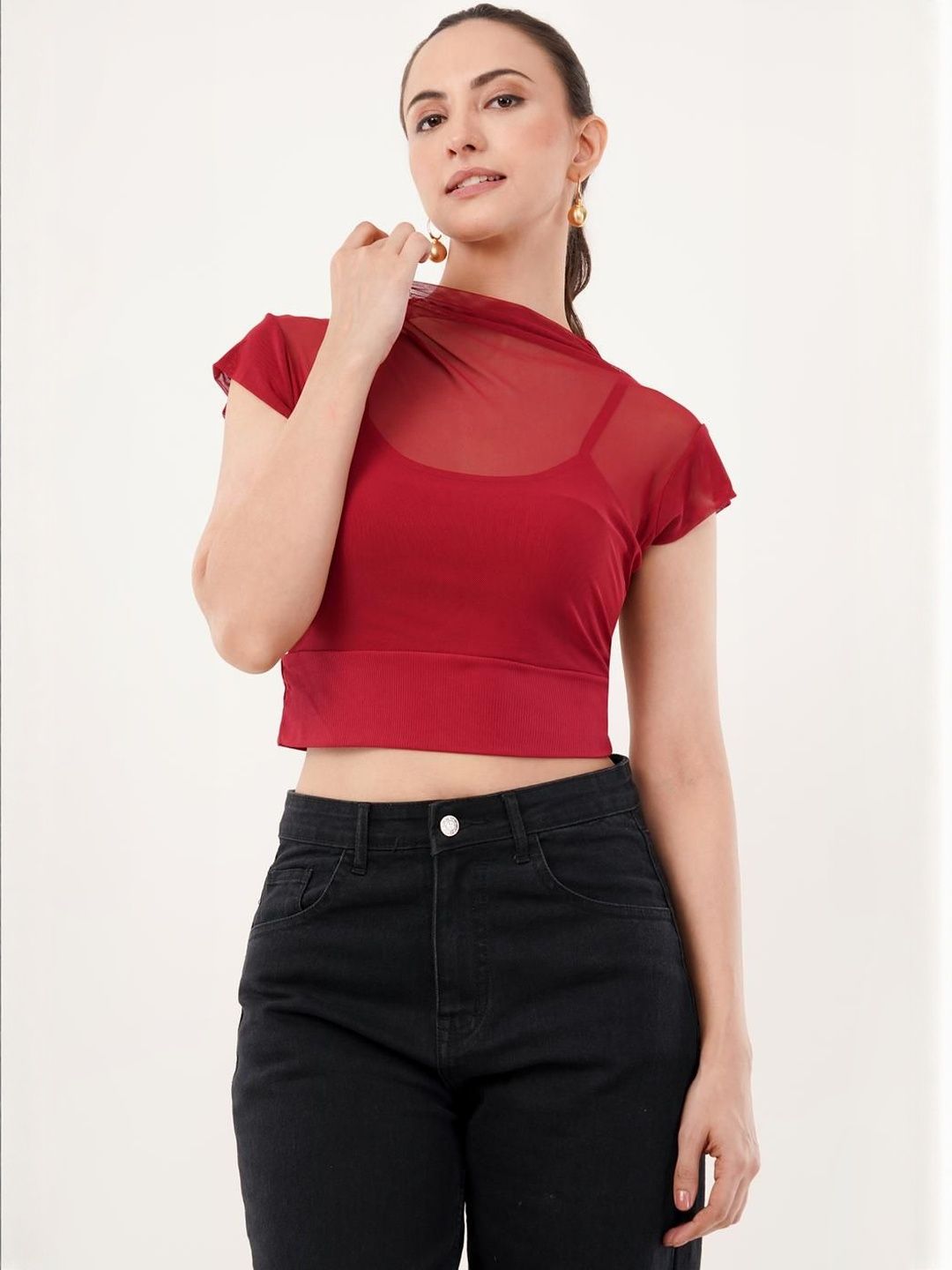 clobug Women Solid Semi Sheer Crop Top