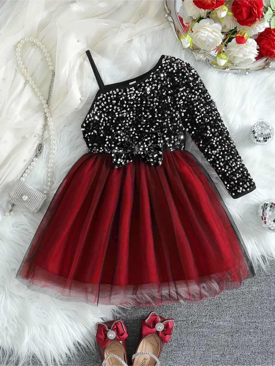 YK Girls Colourblocked Sequined One Shoulder Party Fit and Flare Dress