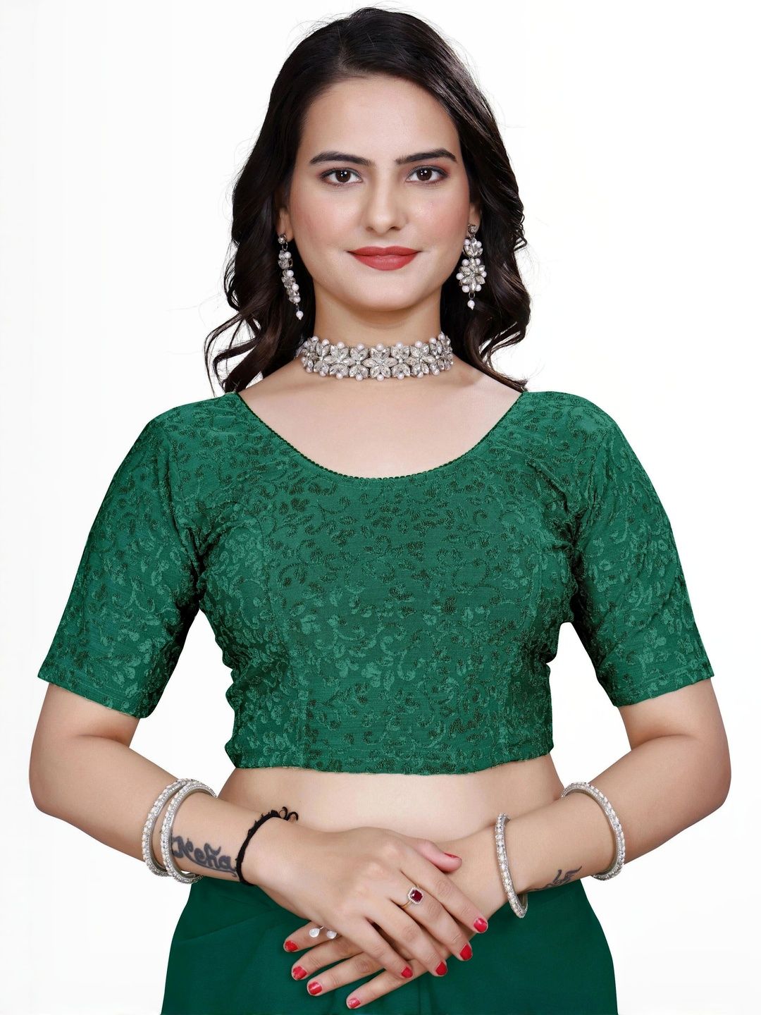 KIPZY Women Ethnic Motifs Embroidered Round Neck Saree Blouse