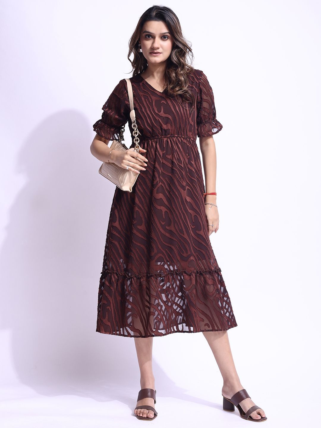 Murcia Women Self Design Puff Sleeve Jacquard Fit and Flare Midi Dress