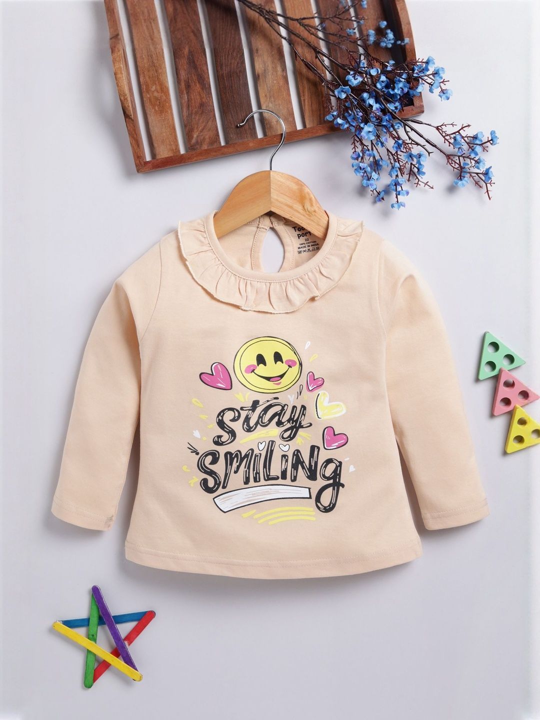 Toonyport Girls Typography Printed Ruffles Round Neck Cotton Top