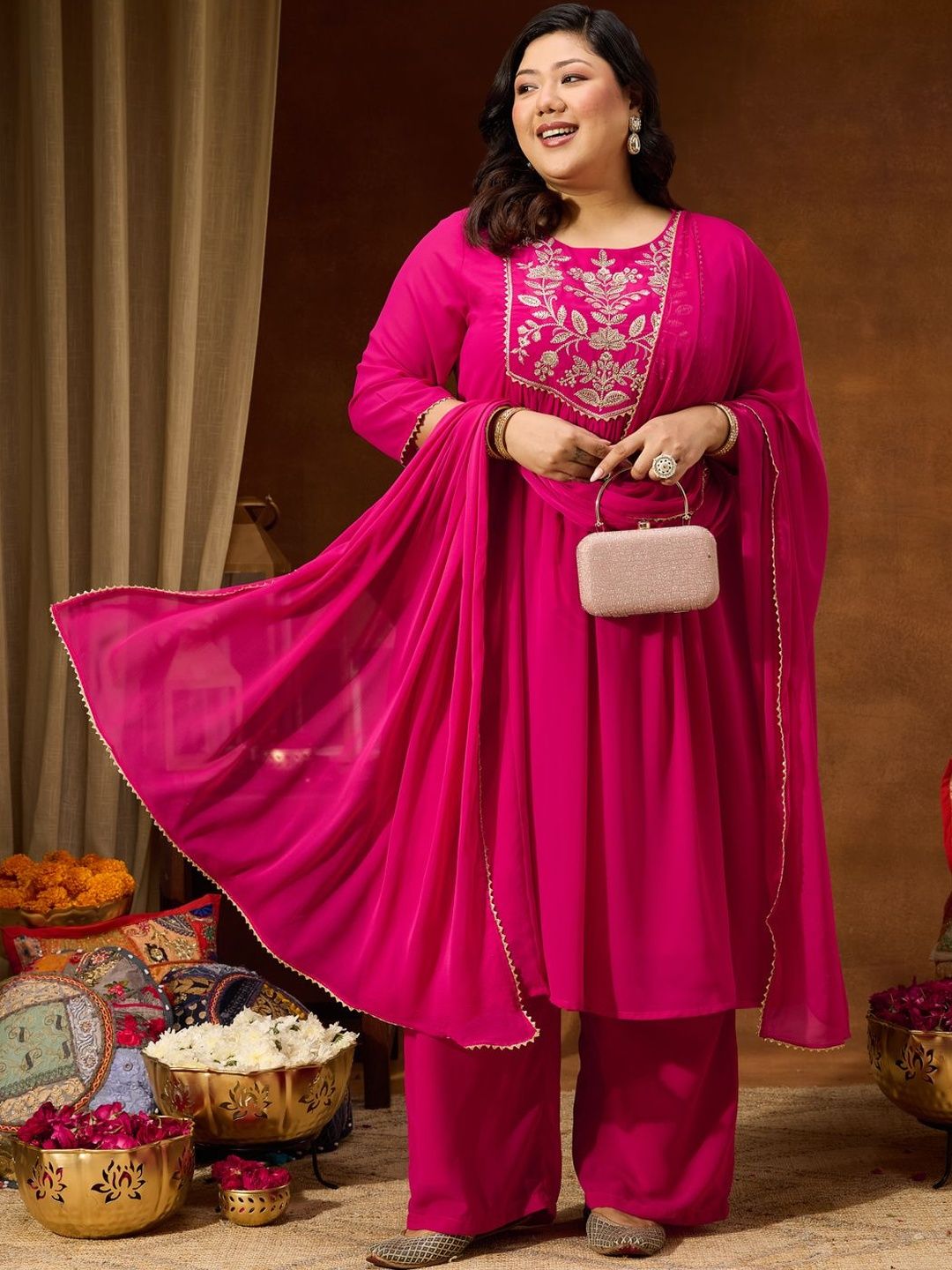 Janasya Sequinned Embroidered Zari Floral Pleated Kurta Palazzo Set With Dupatta