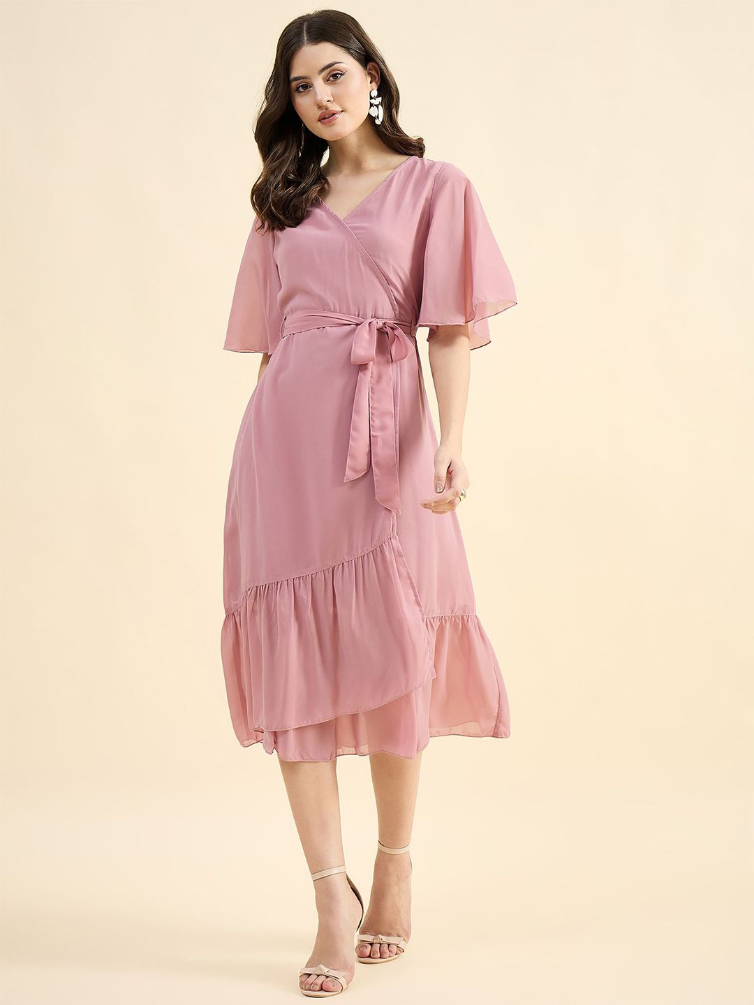 PANIT Flared Sleeve Ruffled Georgette Midi Dress
