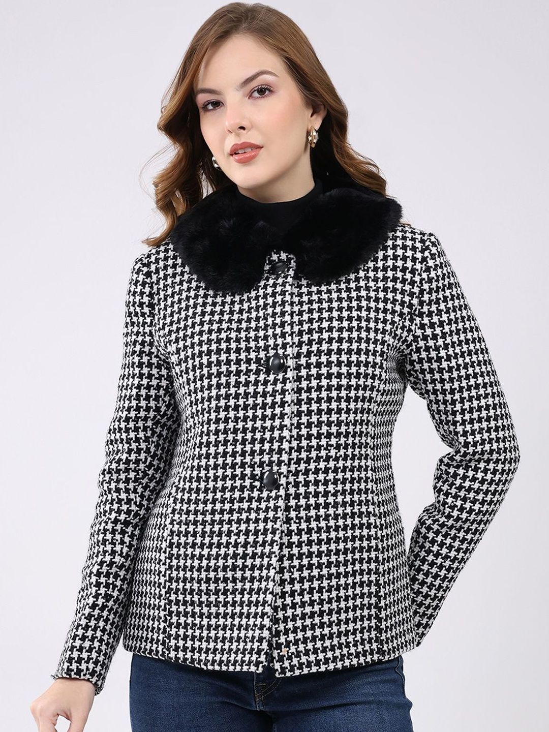 Monte Carlo Women Checked Collar Neck Full Sleeve Coat