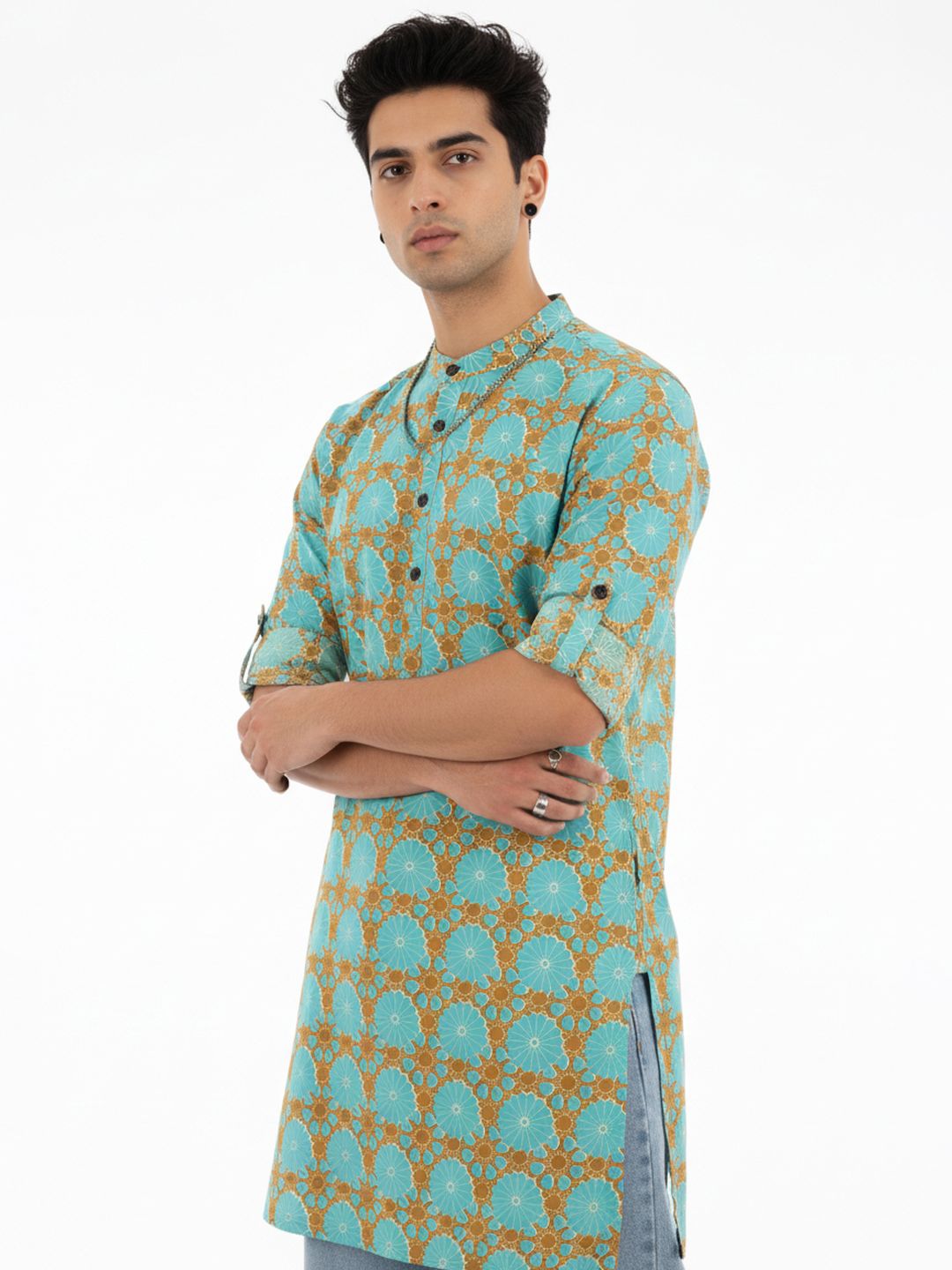 Anouk Rustic Geometric Printed Band Collar Roll-Up Sleeves Straight Kurta