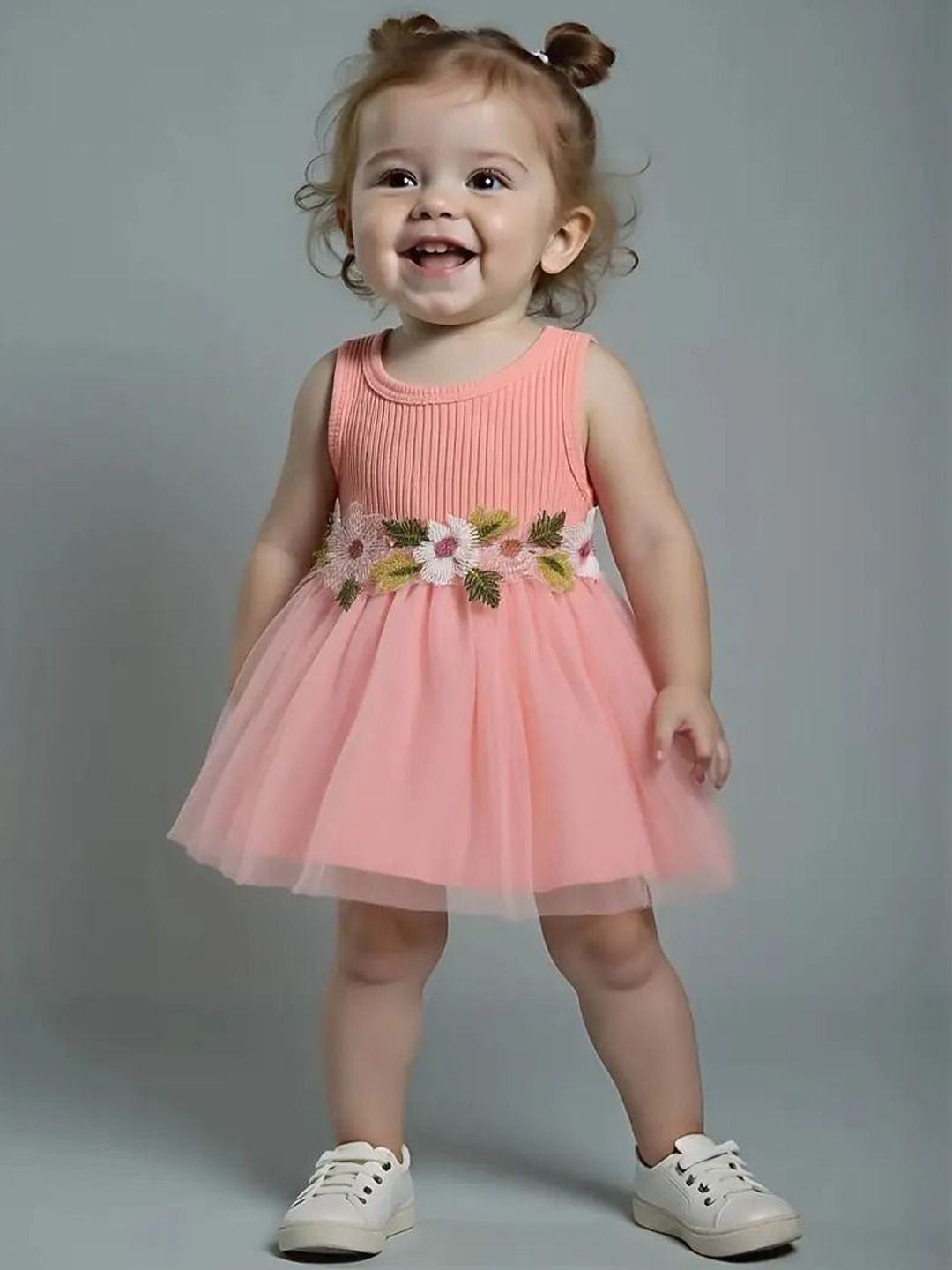YK Girls Embroidered Fit-Flare Dress with Flower Applique