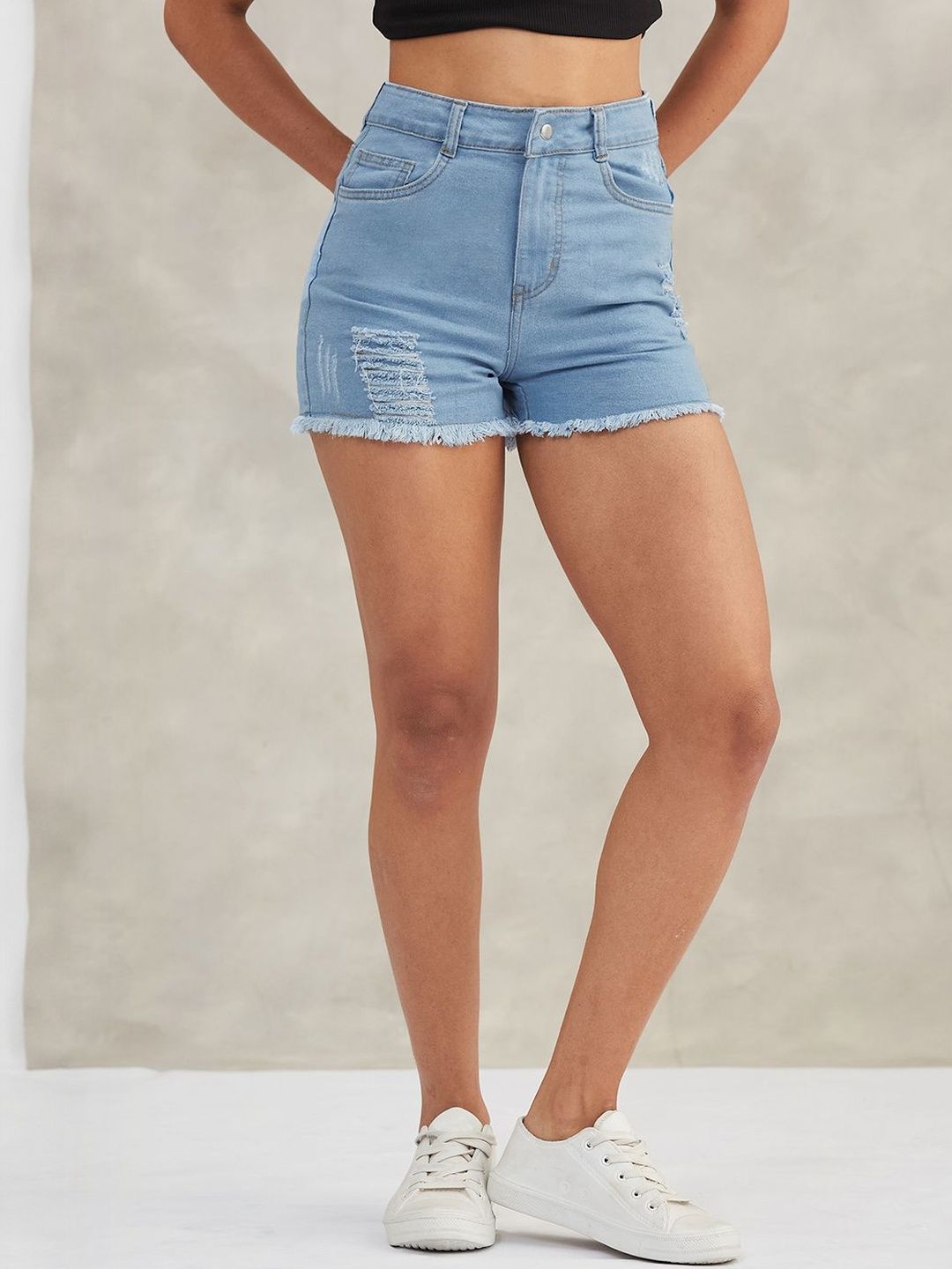 DOLCE CRUDO Women's Relaxed Mid Rise High Distress Regular Non Stretchable Denim Shorts