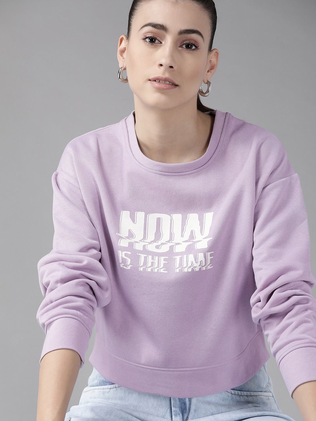 Roadster Women Lavender & White Typography Printed Sweatshirt