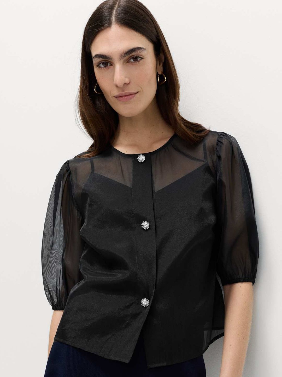 Marks & Spencer Organza Embellished Button Detail Top