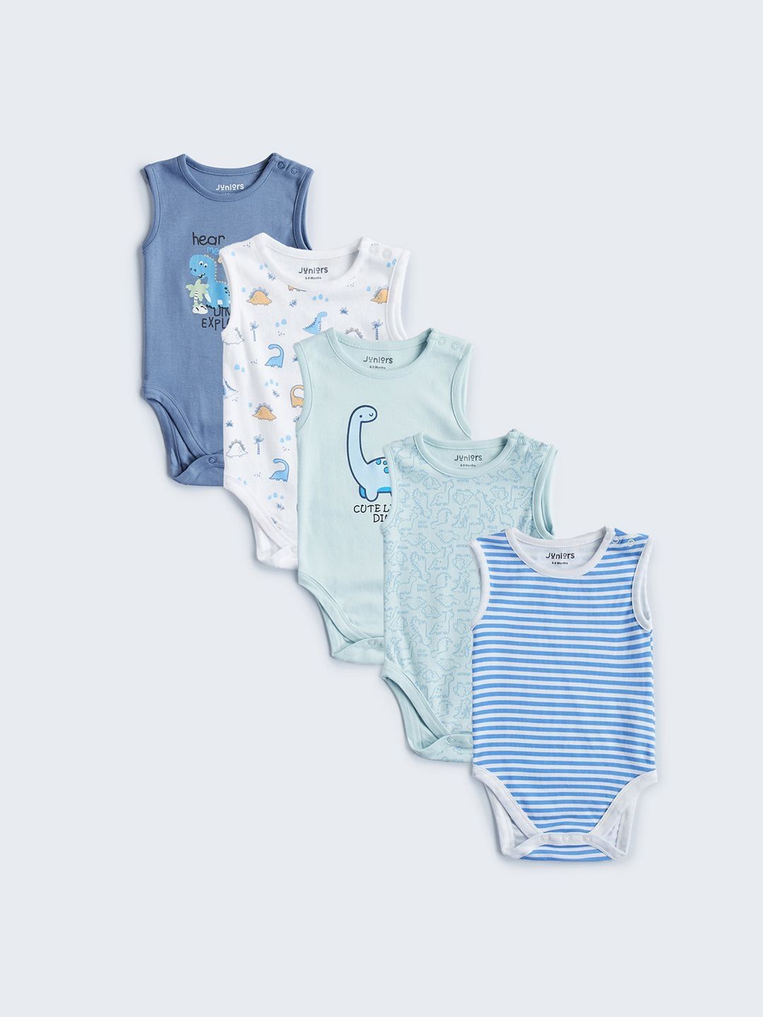 Juniors by Babyshop Kids Pack Of 5 Printed Round Neck Sleeveless Cotton Bodysuit