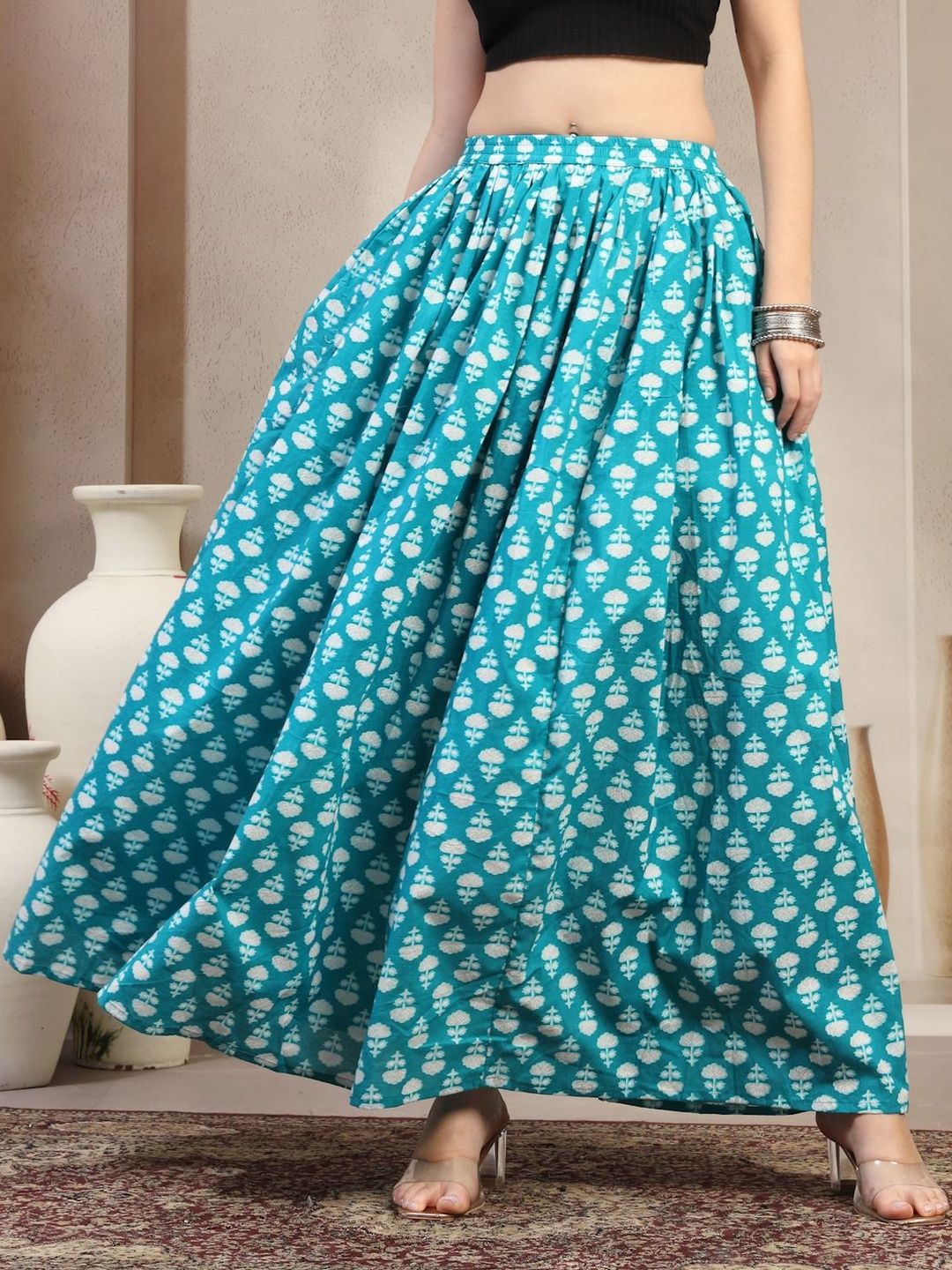 SUNEKH Women Floral Printed Pure Cotton Flared Maxi Skirt