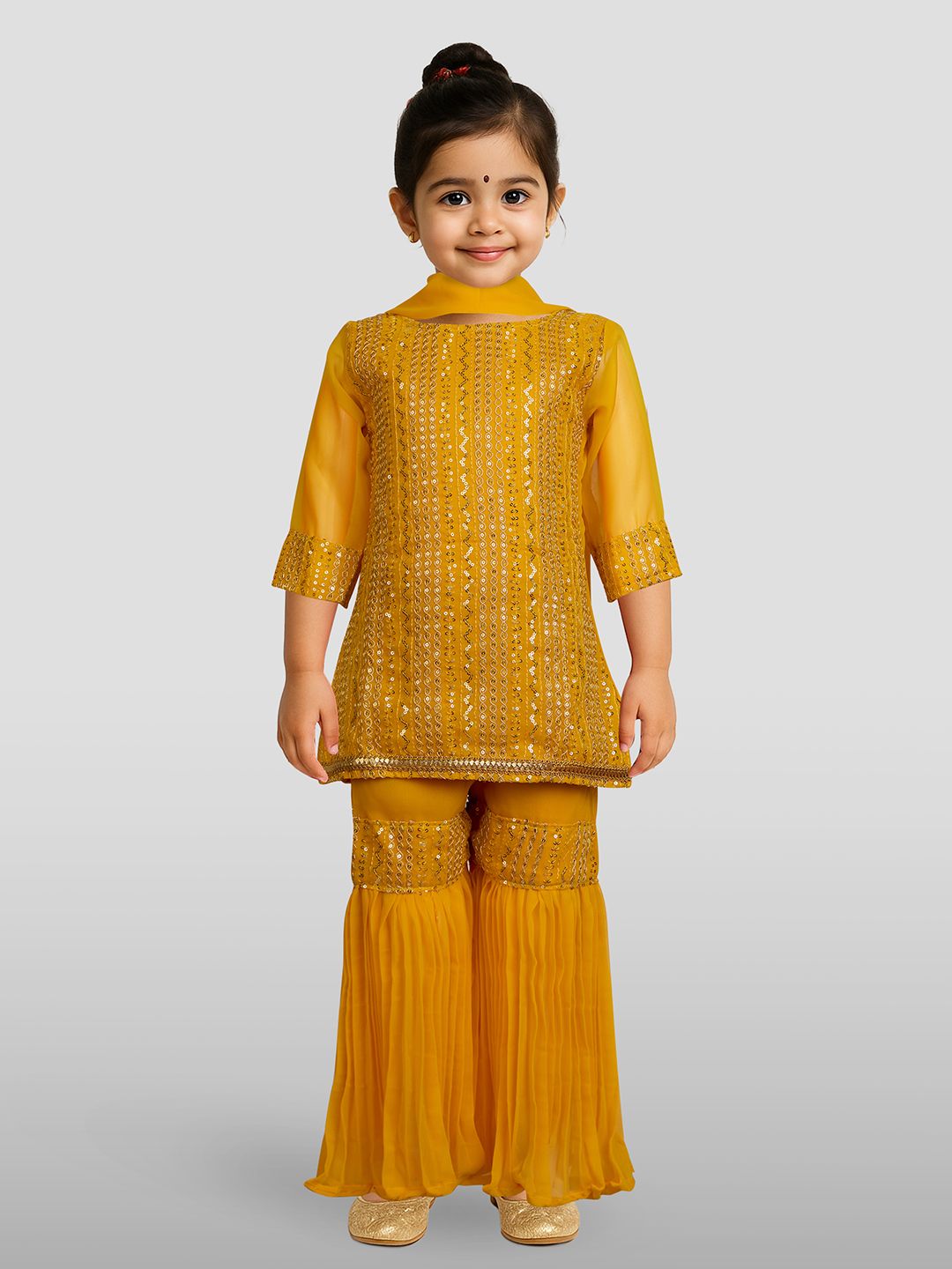 JBN Creation Girls Embroidered Regular Sequinned Kurta with Sharara & With Dupatta