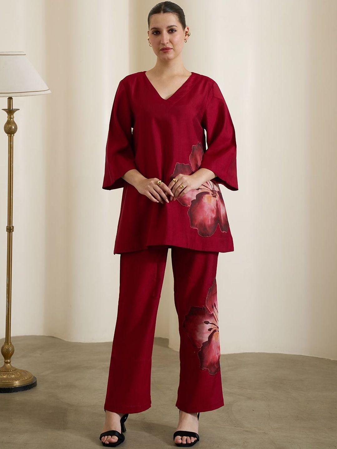 Floral Printed V-Neck Tunic & Trousers