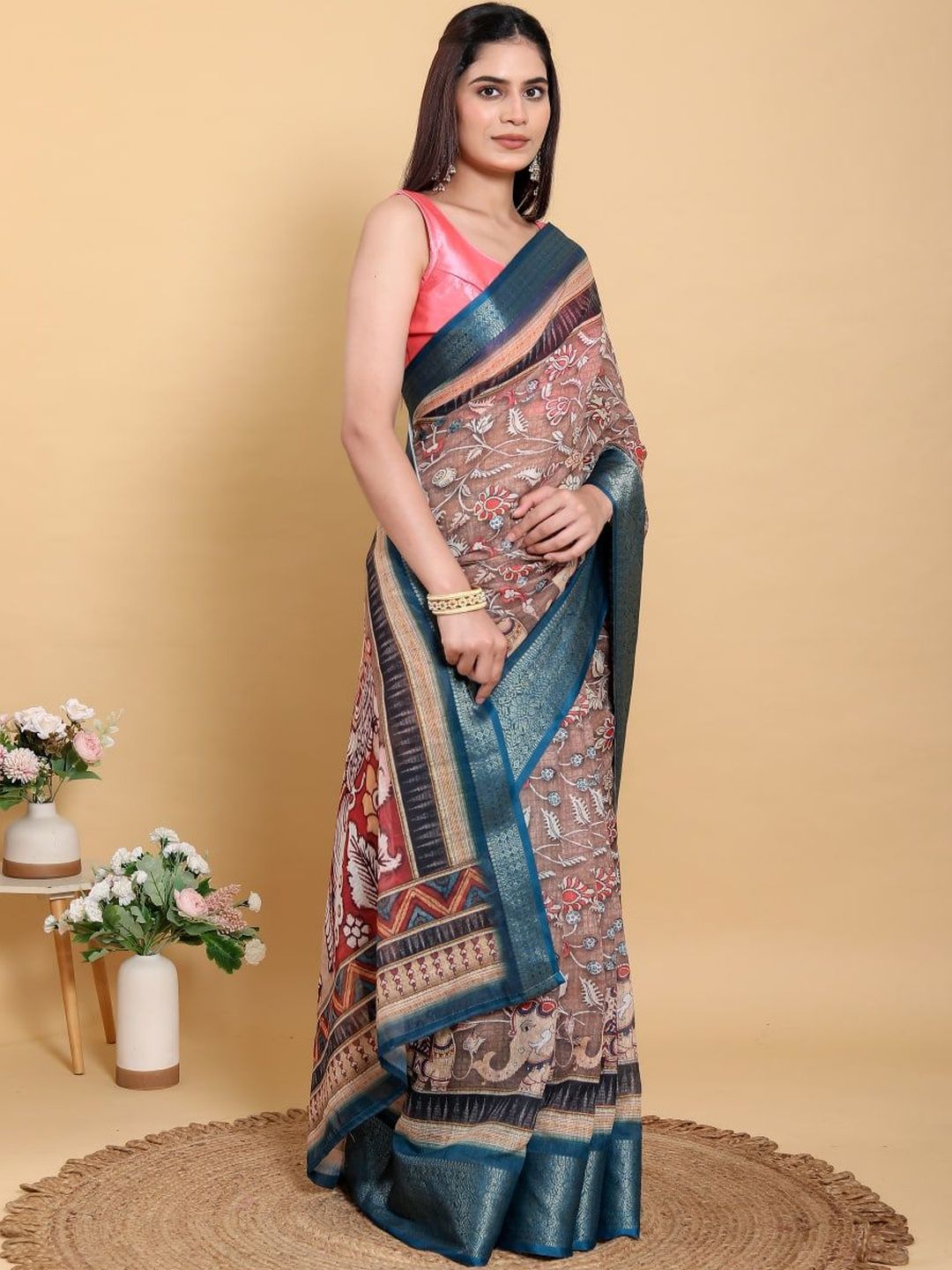 GOHILL ENTERPRISE Ethnic Motifs Pure Linen Handloom Saree