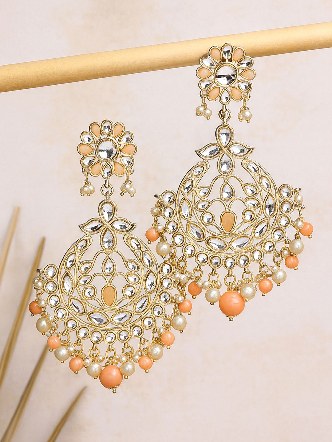 KARATCART Women Peach Gold Plated Beads and Pearl Studded Kundan Drop Earrings
