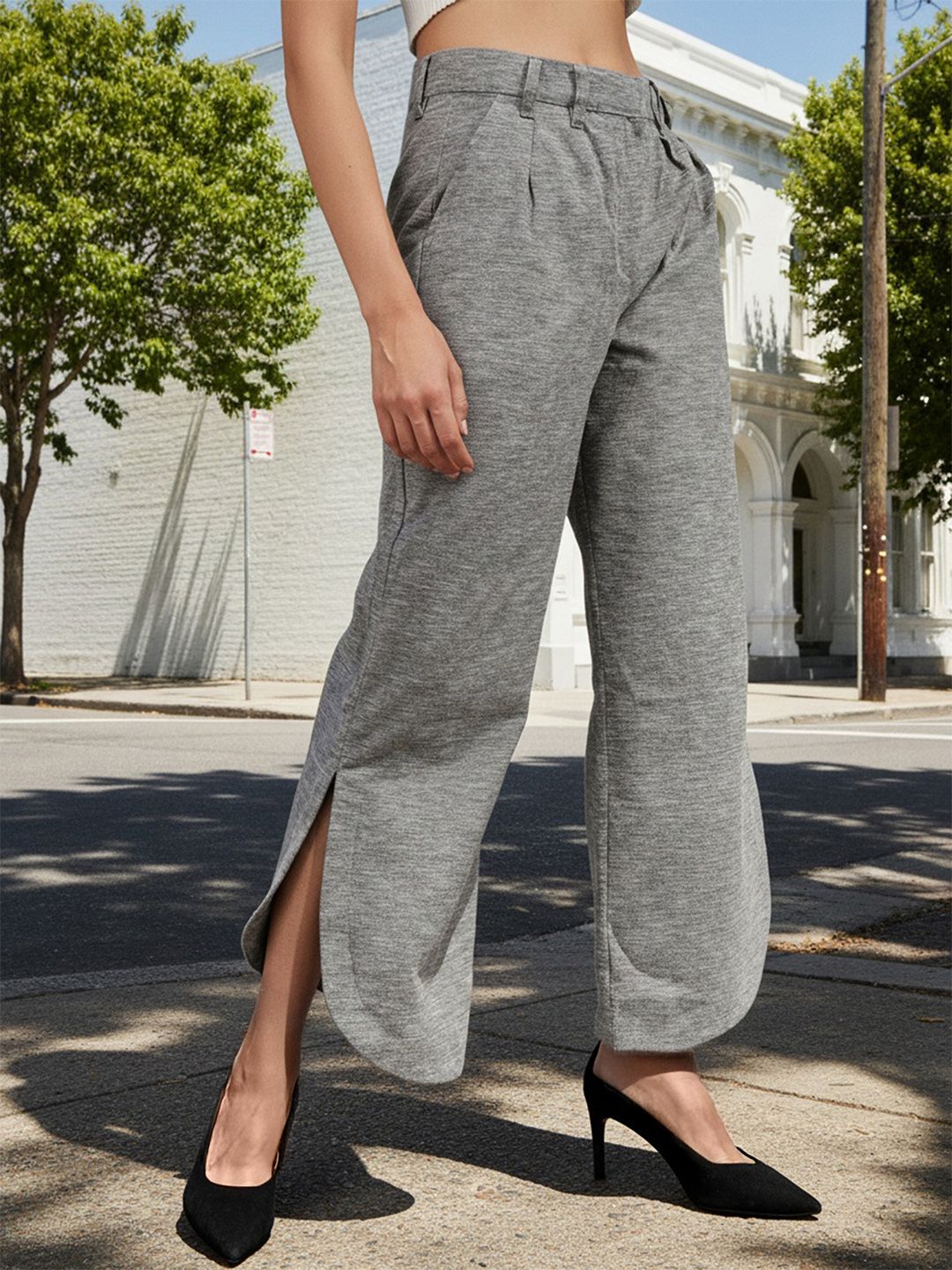 Freehand by The Indian Garage Co Women Mid-Rise Flat-Front Plain Flared Bootcut Trousers