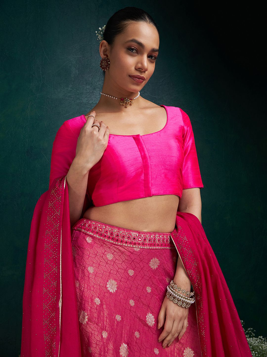 Soch Fuchsia U Neck Short Sleeve Hook and eye closure Silk Padded Ethnic Saree Blouse