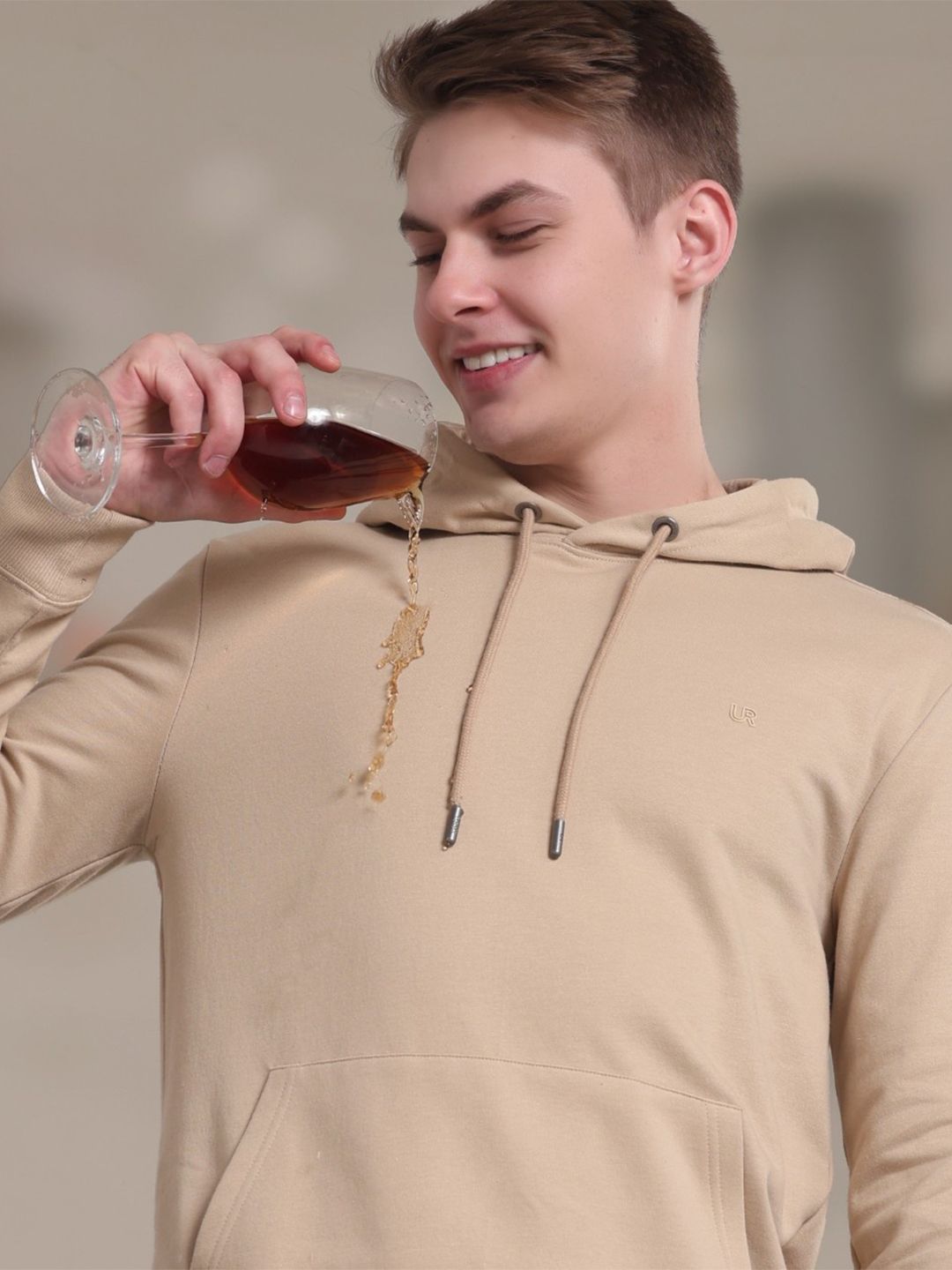 TURMS Men Beige Anti-Stain Anti-Odor Water Repellent Cotton Rich Hooded Sweatshirt