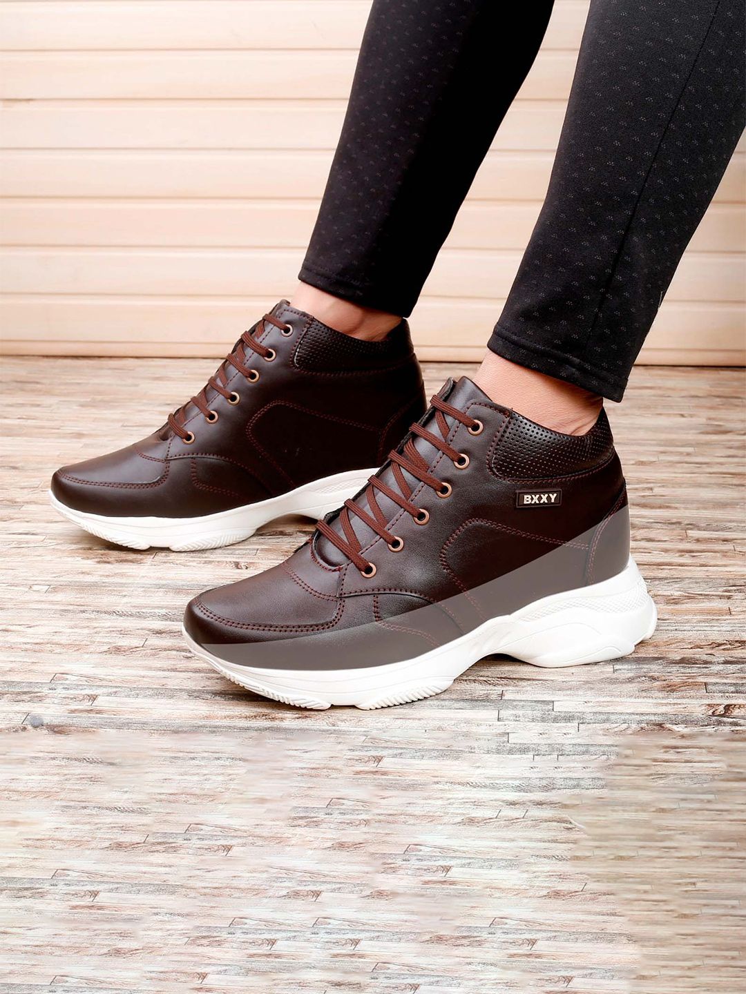 Bxxy Men 3 Inch Hidden Height Increasing Solid Mid-Top Casual Sneaker Lace-up Shoes
