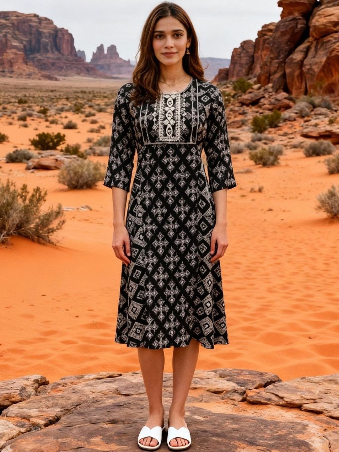 Rangita Embroidered Printed Round Neck A-Line Midi Dress