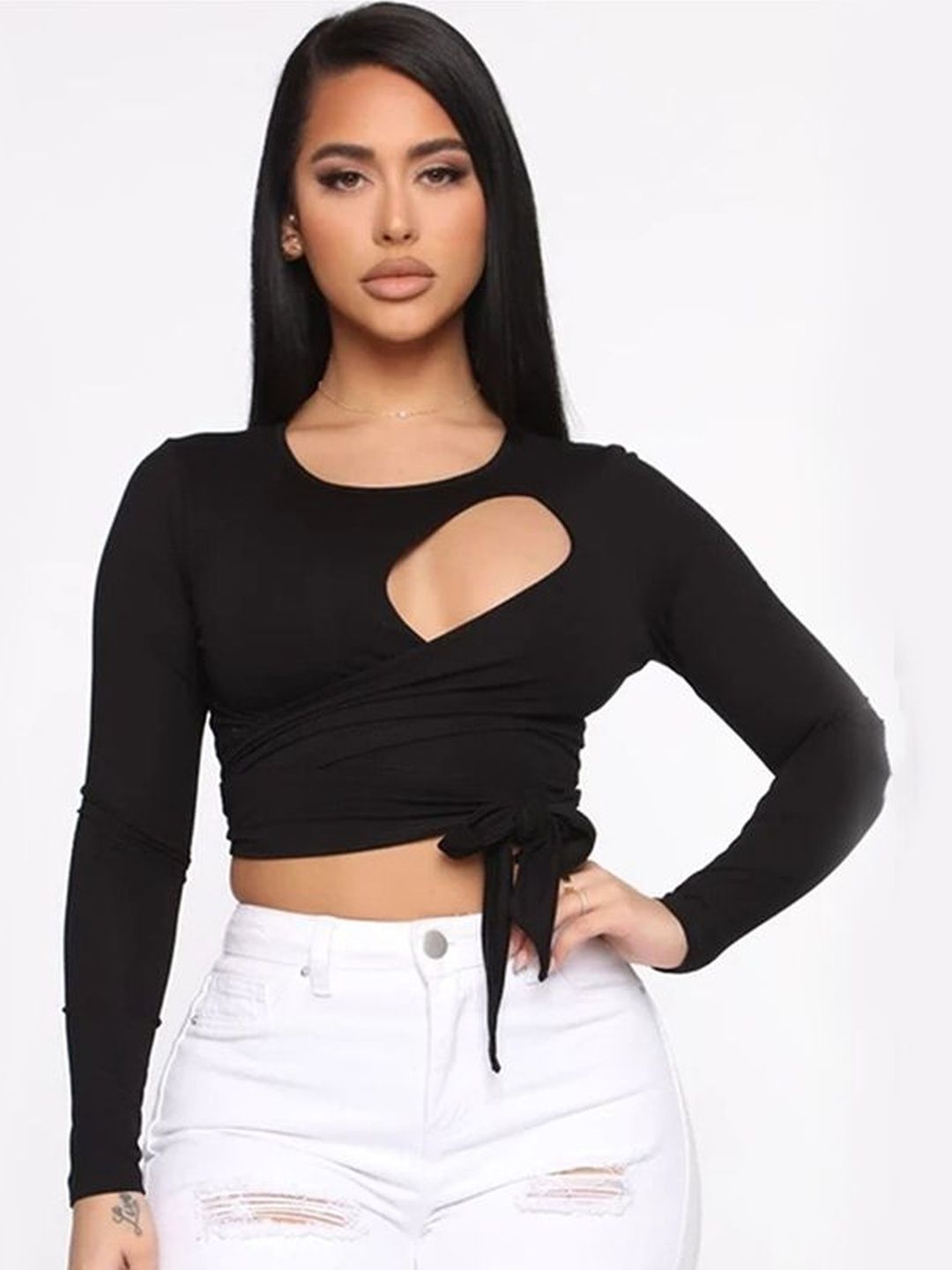 LULU & SKY Round Neck Long Sleeves Cut Out Crop Top