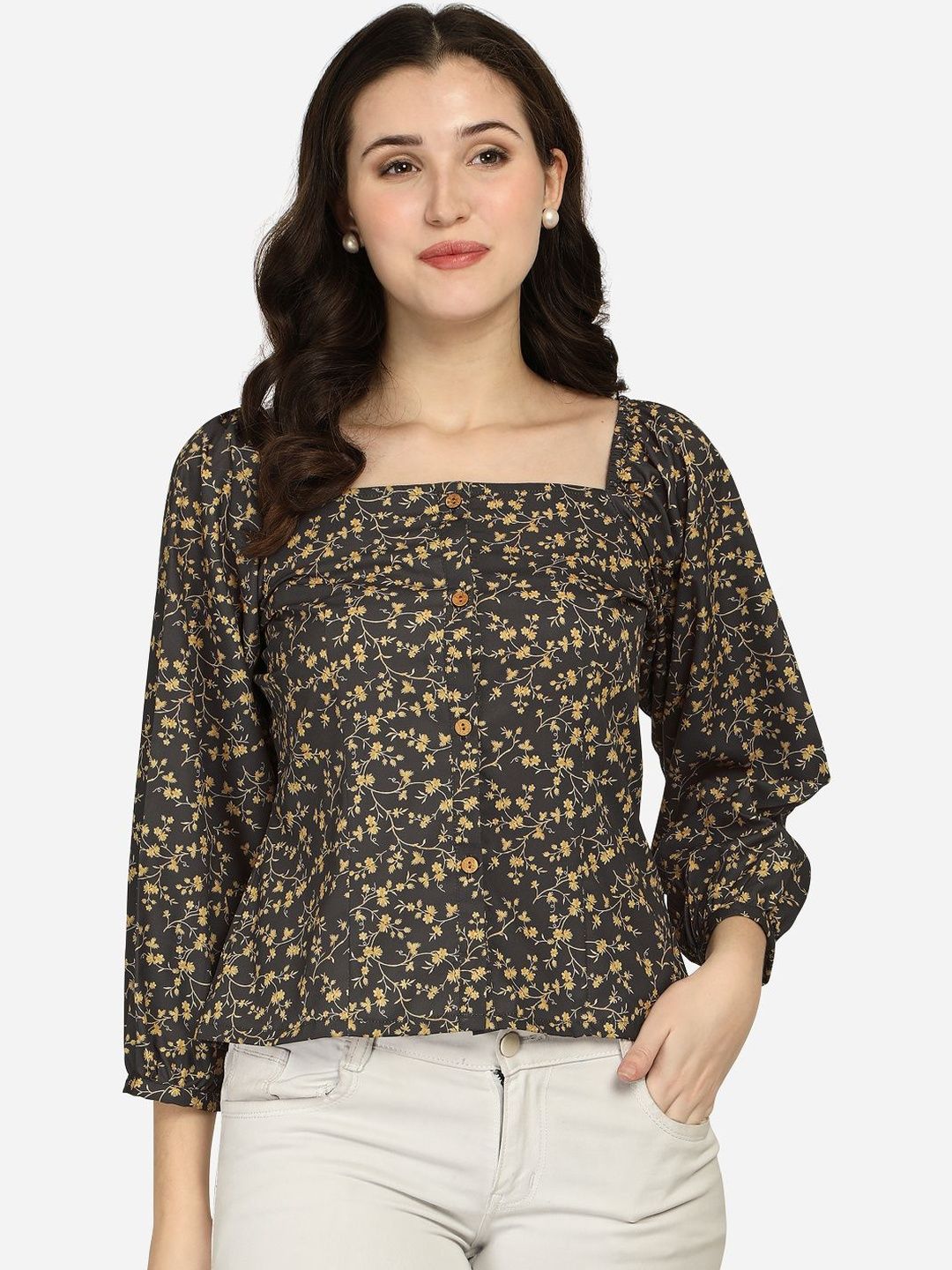 Aumira Women Floral Printed Square Neck Crepe Top