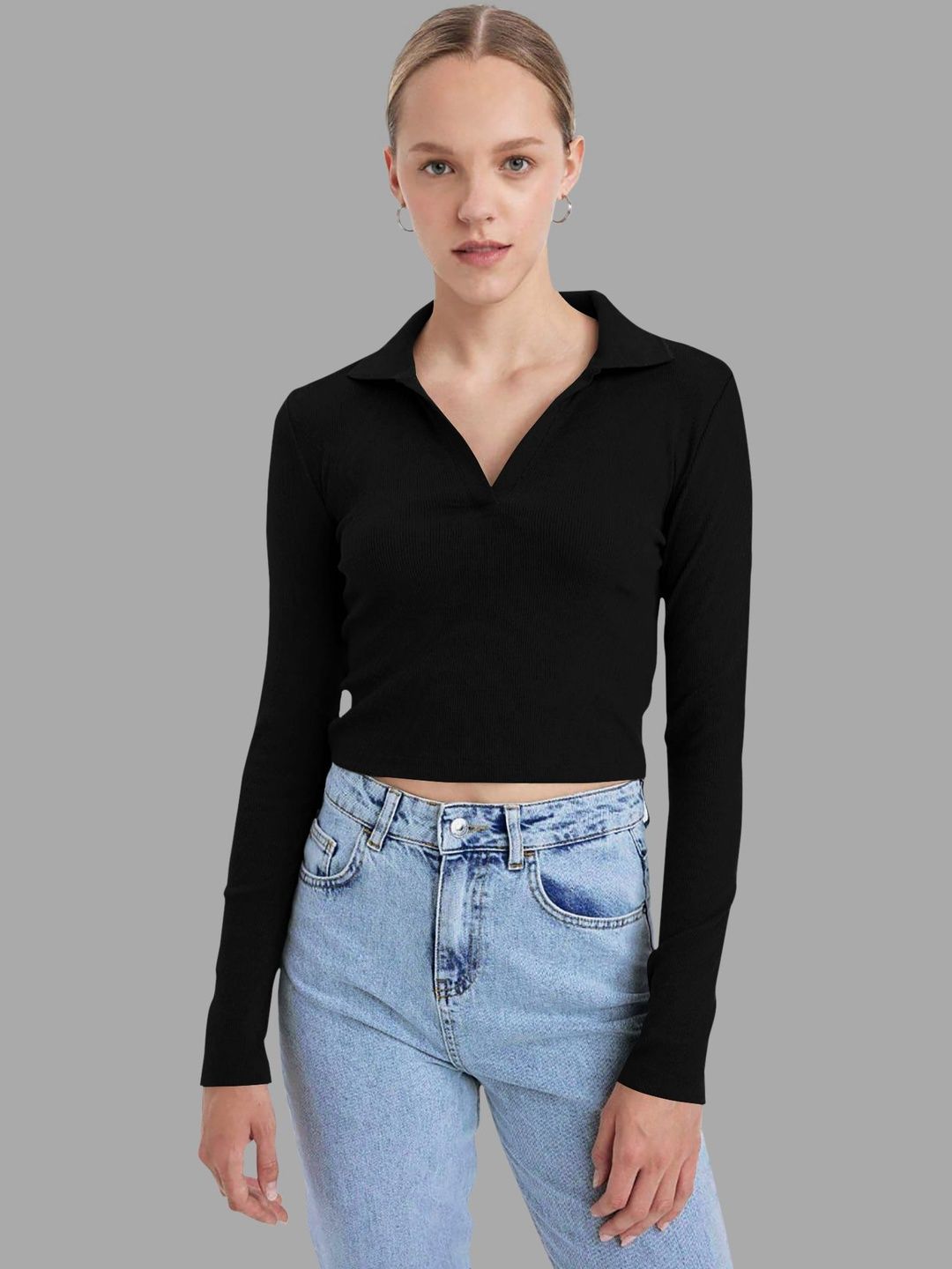 Maheshvi Women Black Ribbed Shirt Collar Crop Top