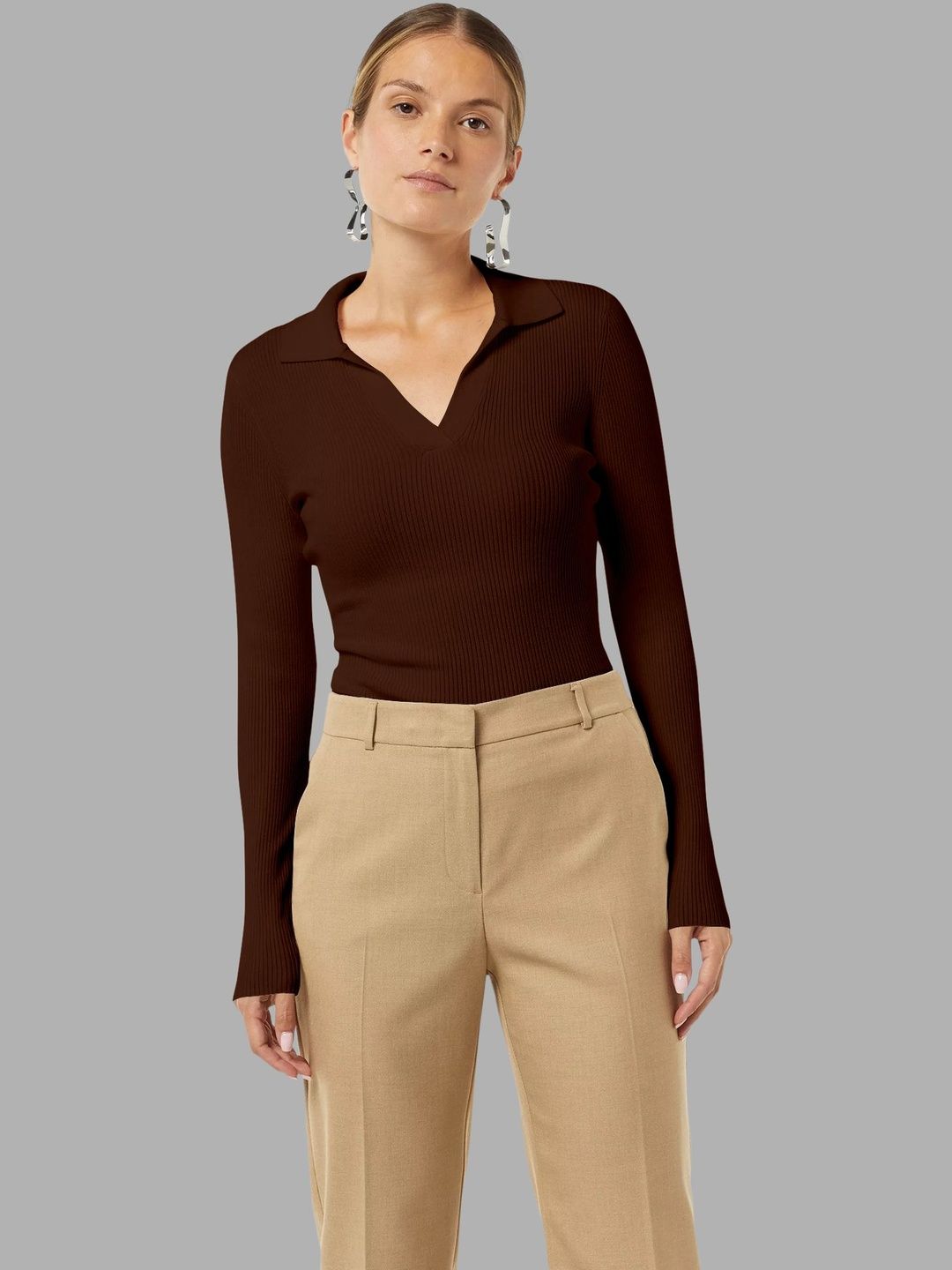 Maheshvi Coffee Brown Shirt Collar Ribbed Top